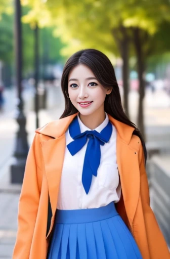 Beautiful woman with good eyes and nose、Beautiful as a model、Cute like a model、Eyes are double、How to use regular mascara、Eye color blue、Hair color pink、Her face is delicate and elegant.、8k picture、Beautiful style like a model、Ordinary large、A refreshing and lovely smile、plain orange mini skirt、Because the season is getting colder、Wear a brightly colored down jacket、A park-like place in a busy downtown area during school holidays、Sunny bright day、Pose like a model、Overall portrait、Snapshots、Glamaloid Smile、Beautiful and delicate face like a model、Best Quality、masuter piece、