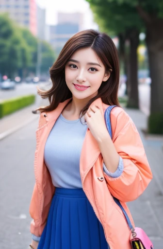 Beautiful woman with good eyes and nose、Beautiful as a model、Cute like a model、Eyes are double、How to use regular mascara、Eye color blue、Hair color pink、Her face is delicate and elegant.、8k picture、Beautiful style like a model、Ordinary large、A refreshing and lovely smile、plain orange mini skirt、Because the season is getting colder、Wear a brightly colored down jacket、A park-like place in a busy downtown area during school holidays、Sunny bright day、Pose like a model、Overall portrait、Snapshots、Glamaloid Smile、Beautiful and delicate face like a model、Best Quality、masuter piece、