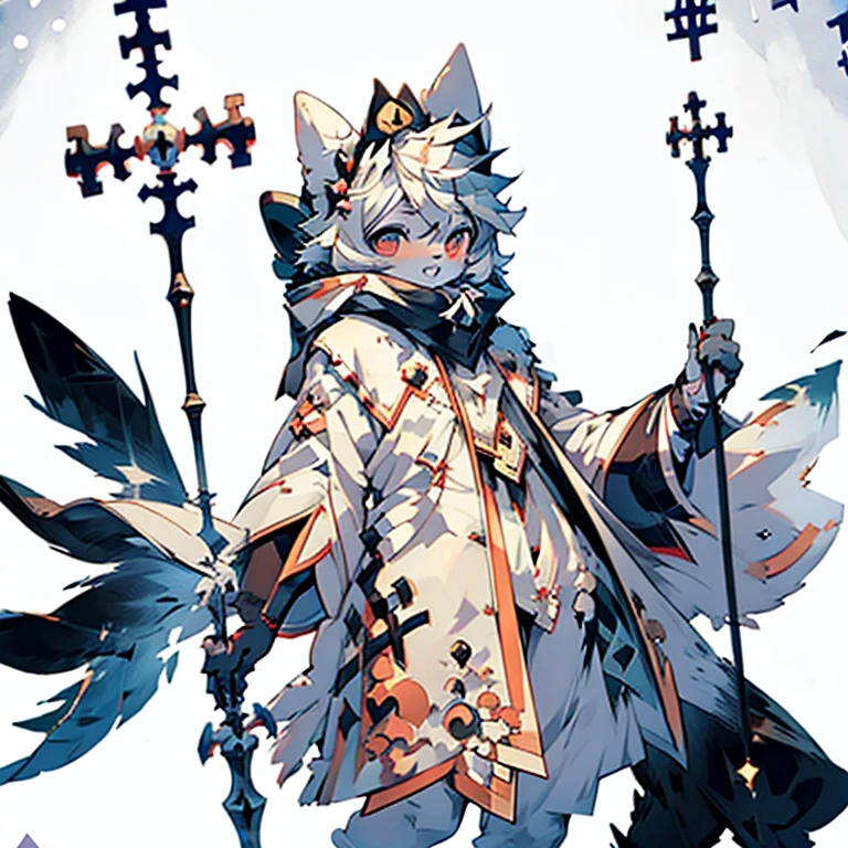 ( female white bunny) ( white cloak with golden on it ) ( stars symbol on her chest) ( long bunny ear fluffy)( fairytale forest cover in snow ) ( holding a staff ) ( covered in blood)