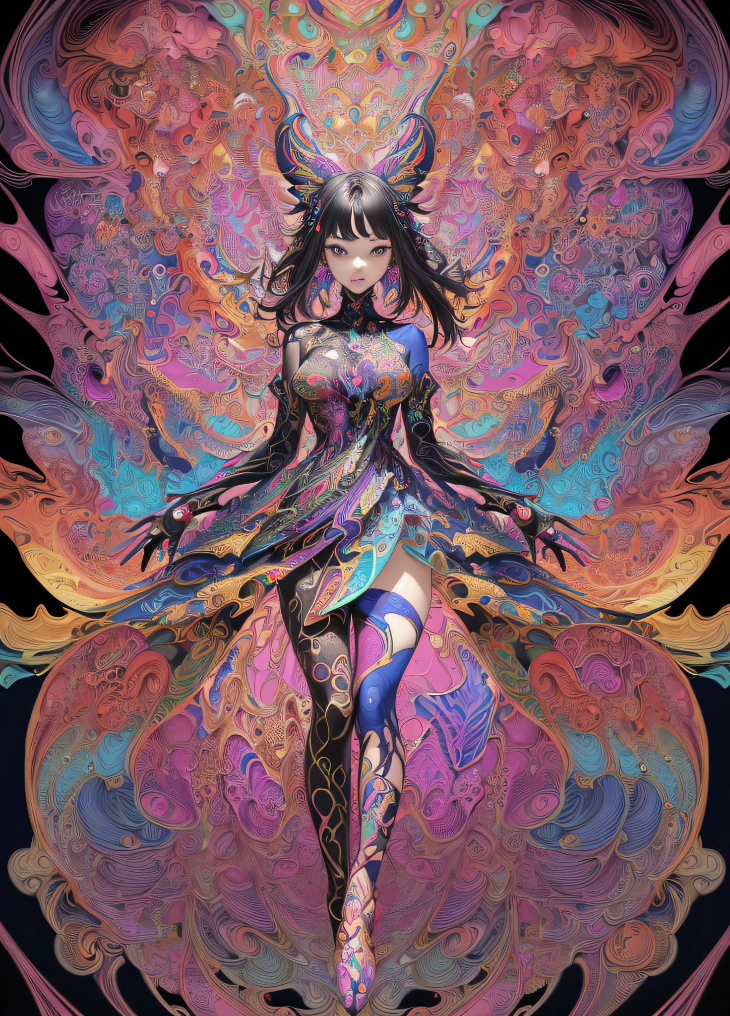 (tmasterpiece, top-quality, Best quality at best, offcial art, Beauty and aesthetics: 1.2), (1 girl: 1.3), The very detailed, (s fractal art: 1.2), Colorful, highest details, (Tangled: 1.2), (dynamicposes), (abstract backgrounds: 1.5), (triple dress: 1.2) 1.2), (Glossy glossy skin), (many color: 1.4), The upper part of the body