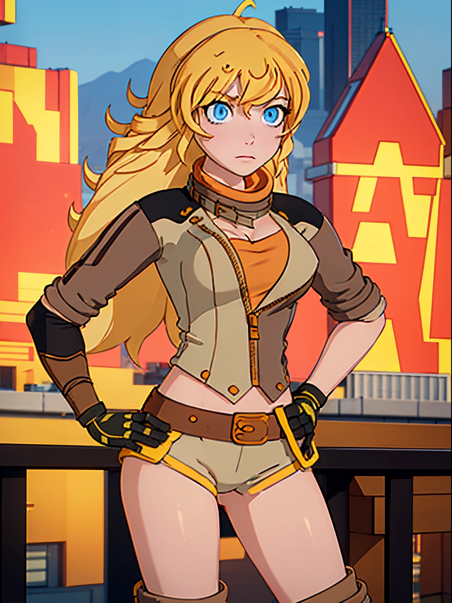 1girl, medium breasts, leotard, bare legs, gloves, boots, superhero, standing, hands on hip, city backdrop, (beautiful detailed eyes:1.6), (perfect hands, perfect anatomy), yang xiao long, serious, medium hair