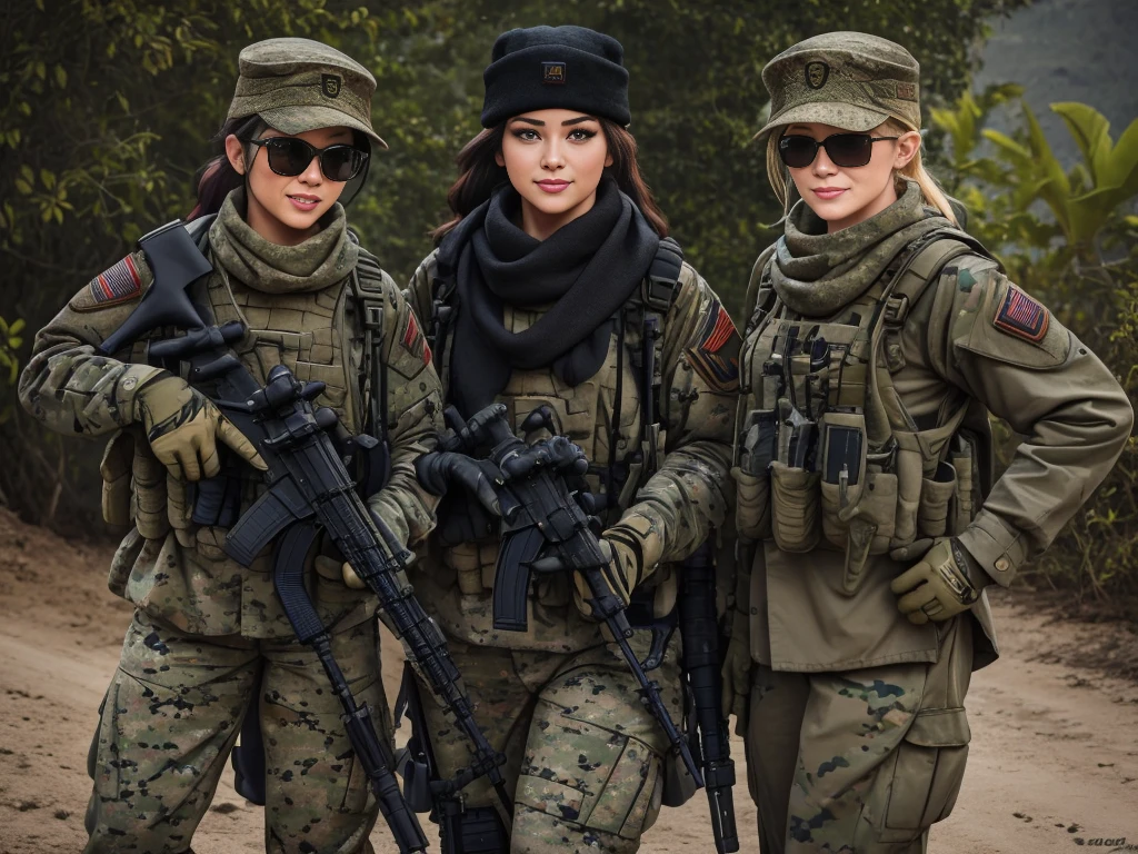 sexy, millitary, us soldier, plate carrier, gun, M4A1 rifle, baseball hat,  black uniform, lots of pockets, long hair sticking out the back of baseball hat,  stronge arms, in combat,, tinted combat sunglasses, bandana, combat gloves, ponytail, two girls, jungle backround, high def, 8k, night time, holosight scope, looking through scope,combat boots, having good time, gun on sling, gun on chest, natural boobs, having good time, pistol on leg, black rifle, m4a1 hanging, scarf, laughing, black gloves, black scarf, large scarf, orange tinted combat glasses, large tittys, big legs, chest plate with m4 magazines