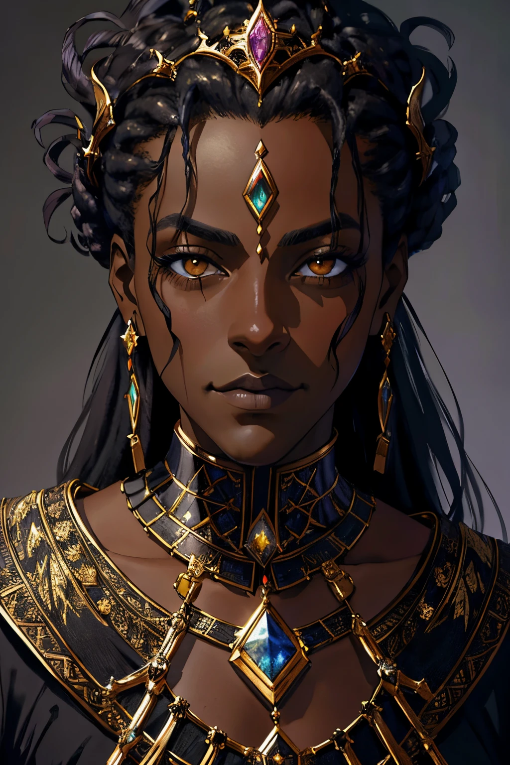 character design concept art, (dark skinned:1.3), evil, (regal), monarch, magnificent, posh, (dreds:0.9), high fantasy, portrait, perfect rendered face, perfect face details, grim, medium shot, by Richard Corben, by Miles Aldridge, by John Atkinson Grimshaw