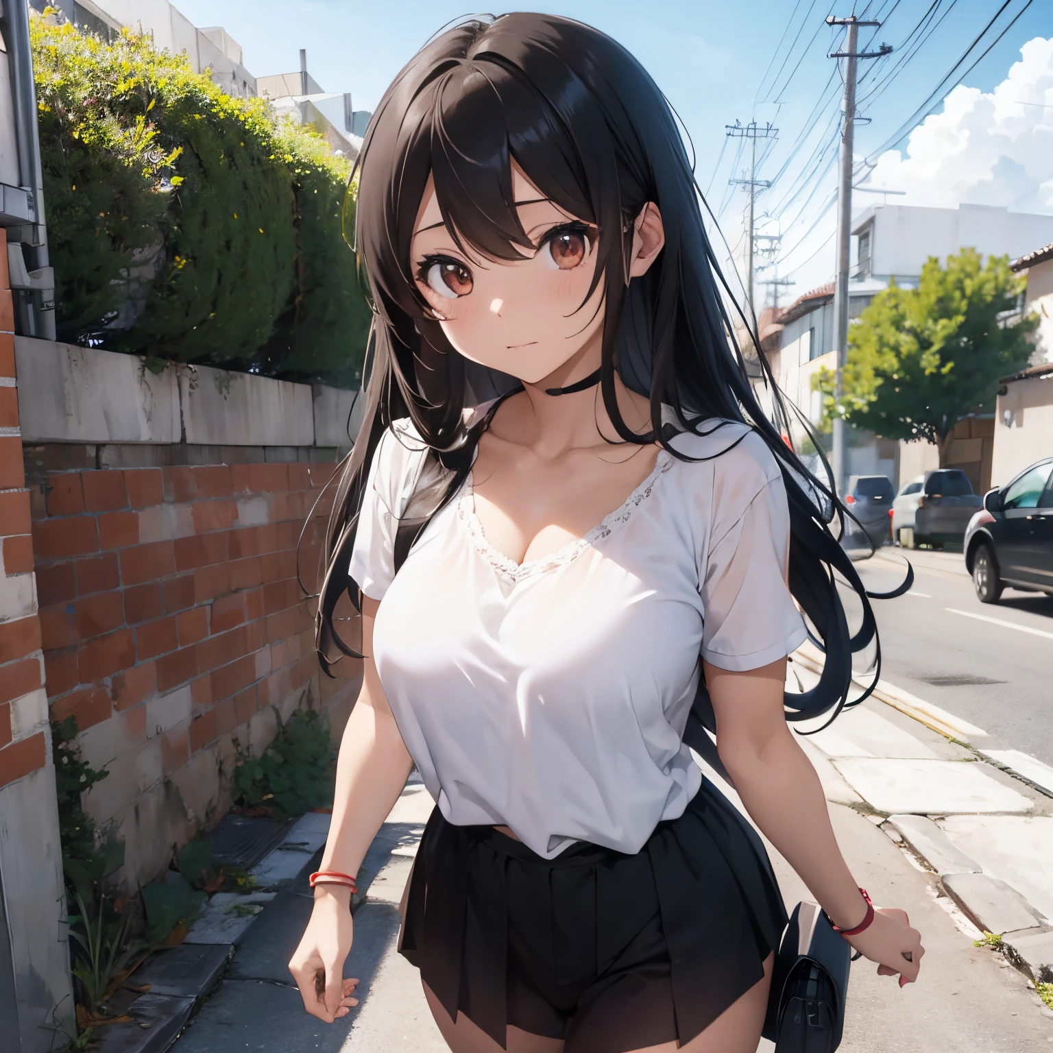 in detail、female students、a 、A slender、(flat chest)、toppless、(((Upper body naked)))、no-bra、NSFW、Red plaid mini skirt、Toothy smile、Walking on a road in a residential area