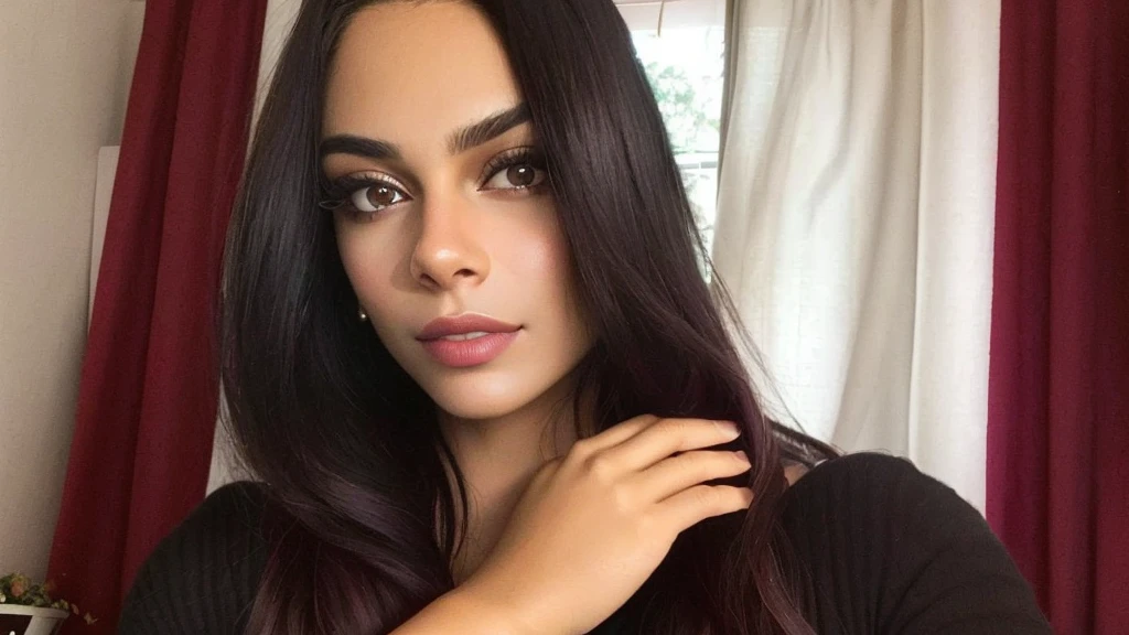 Closeup of Brazilian brunette woman resembling Juliana Paes, Fabiola Nascimento and Alanis Guillen with black hair and black eyes, lying in bed as the sleeping beauty wearing a beautiful and realistic modest pink sweater and looking at the camera, ultra-realistic, photorealistic