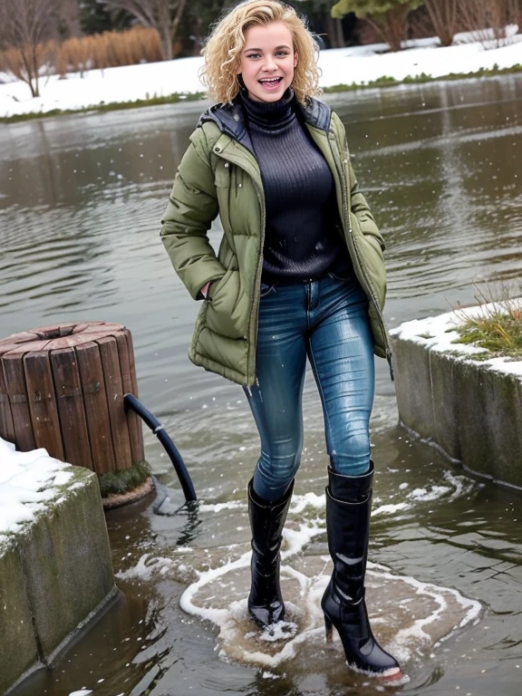 woman outside standing in a pond in (puffy winter coat) and tight sweater and navy blue jeans and stiletto heel boots, ((wet hair)), soaking wet, SoakingWetClothes, (((showboots))), inviting smile, ((short curly blonde hair)), green eyes, (puffy winter coat is soaking wet)
