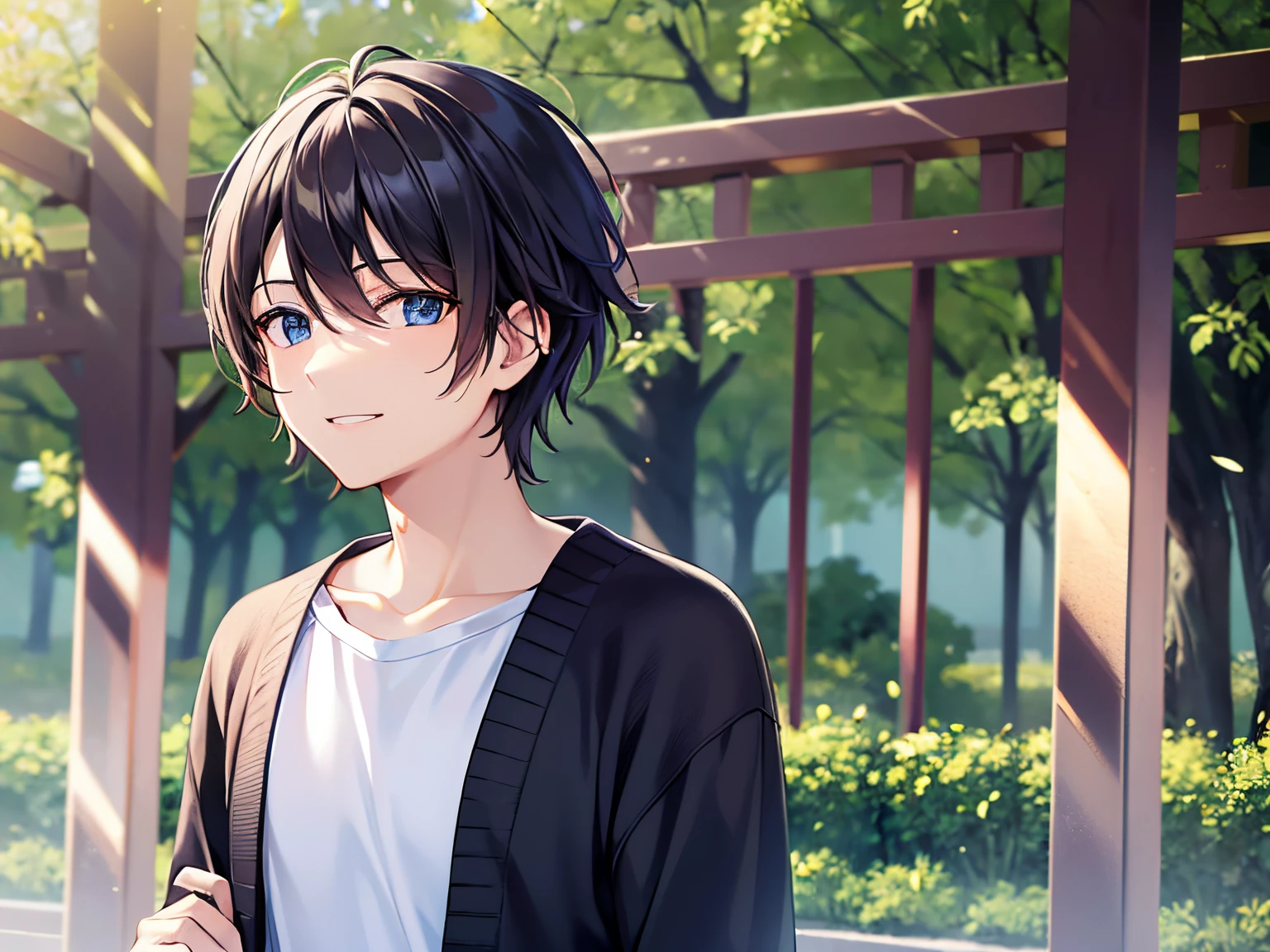 Raising a hand, masterpiece、hightquality、25 year old man with short brown hair and blue eyes、Wearing a black cardigan、wearing white t-shirts、(Alone:1.5)、(A wry smile on his face:1.1)、(Only the upper body is shown.:1.3)、is standing、The background is a park、Bold composition、