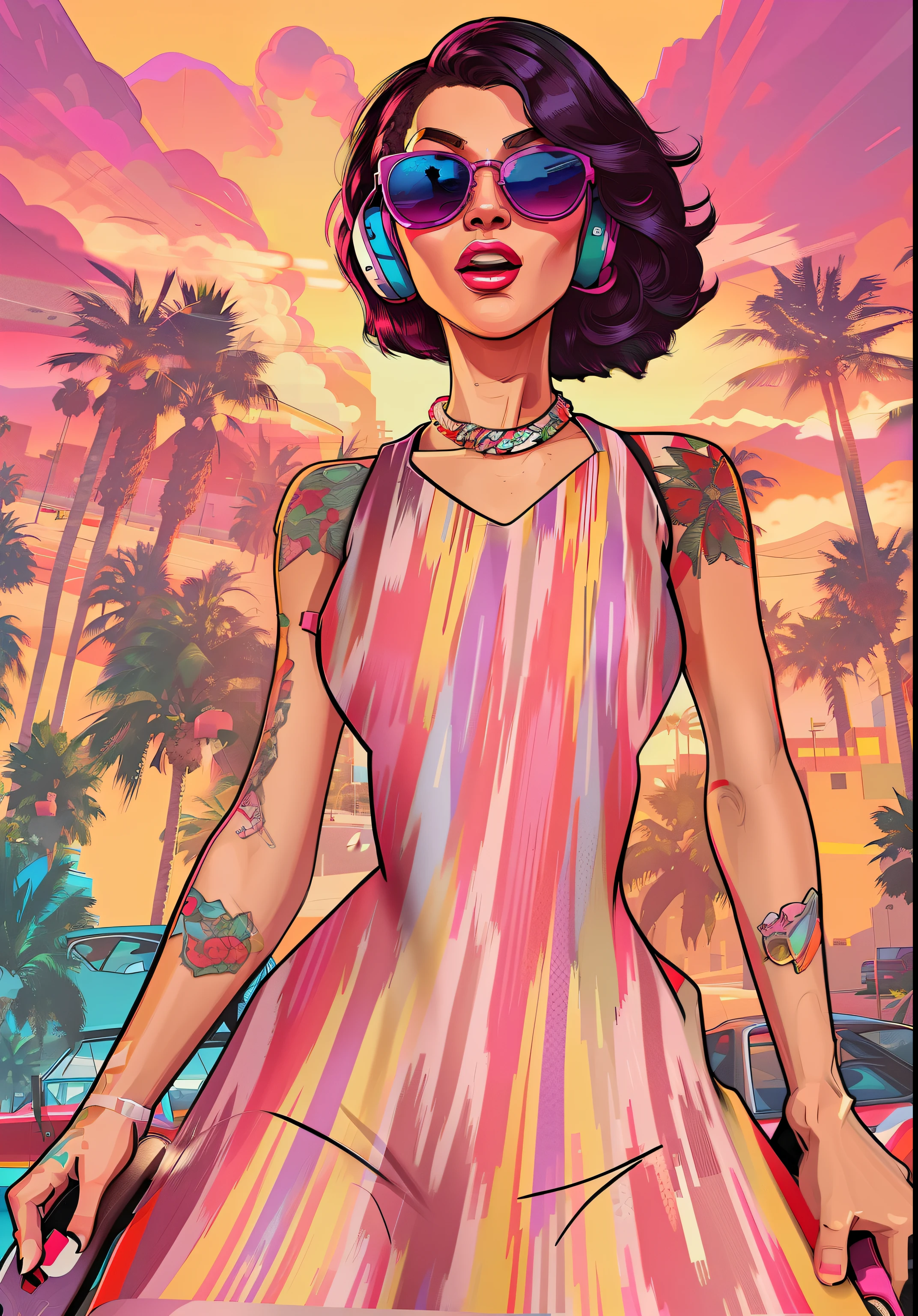 One wears a skirt、wears dark glasses、Close-up of woman holding skateboard, GTA V art style, GTA Vice City style art, Digital illustration style, Just a joke, gta art, GTA Vice City art style, GTA 5 art cover, art gta 5 comics, gta art, GTA loading screen art, Grand Theft Auto V Artwork