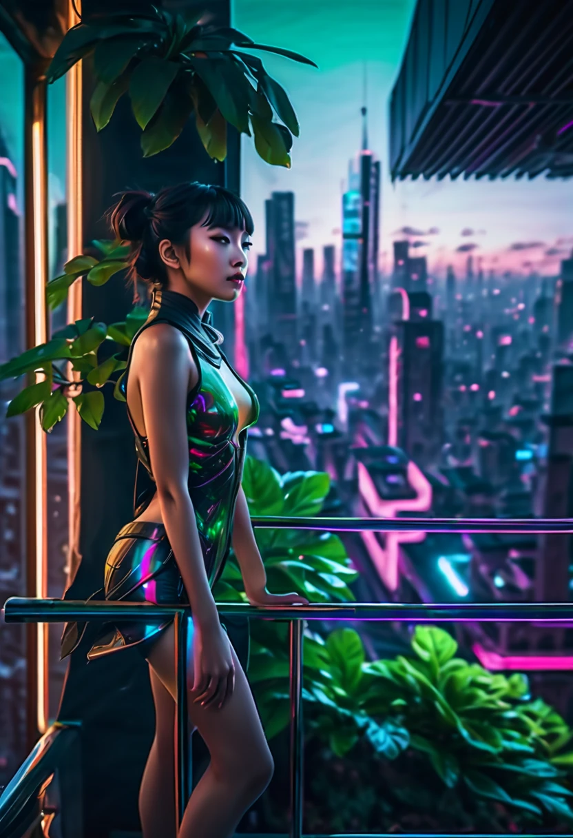 (aesthetic)Cyberpunk rooftop penthouse, (best quality,4k,8k,highres,masterpiece:1.2), ultra-detailed, (realistic,photorealistic,photo-realistic:1.37)
Asian cyberpunk girls, (beautiful detailed eyes,beautiful detailed lips,extremely detailed eyes and face,long eyelashes), (2girls, passionate expressions, dynamic poses, intricate tattoos)
Lush green plants, (tropical plants, exotic flora), (hanging plants:1.1), (vibrant green leaves, intricate details), (plants crawling on walls:1.1)
Stylish railing, (metallic railing, futuristic design), (glowing edges:1.1), (laser-cut patterns), (reflections on railing)
Spectacular cityscape, (neon lights, futuristic buildings), (high-tech skyline), (holographic advertisements), (flying vehicles:1.1)
Nighttime ambiance, (dramatic lighting, vibrant colors), (glowing city lights:1.1), (reflections on surfaces), (rainy atmosphere:1.1)
Sci-fi elements, (floating holographic screens), (cybernetic implants), (advanced gadgets), (high-tech fashion), (virtual reality headsets)
Sensual atmosphere, (intimate setting, passionate energy), (romantic lighting:1.1), (subtle smoke effects), (soft and warm color tones)
Futuristic technology, (advanced AI assistants), (holographic projections), (augmented reality interactions), (levitating objects)
Elevated viewpoint, (overlooking the cityscape), (bird's-eye perspective:1.1), (dynamic angles), (sense of depth), (vantage point)