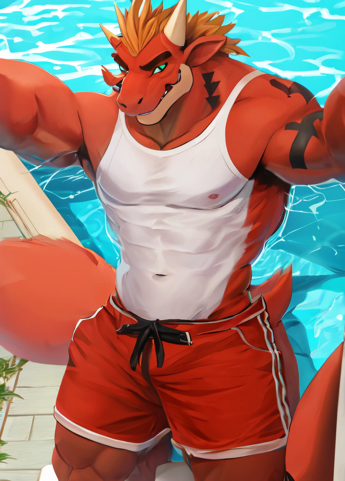 solamente, red dragon bara, Camiseta, shorts, camisa, sonrisa afectada, socorrista, Detalle extremo, Obra maestra, nada, High detail, ojos detallados, Manos detalladas, Imagen de cuerpo entero,  Fondo de la piscina