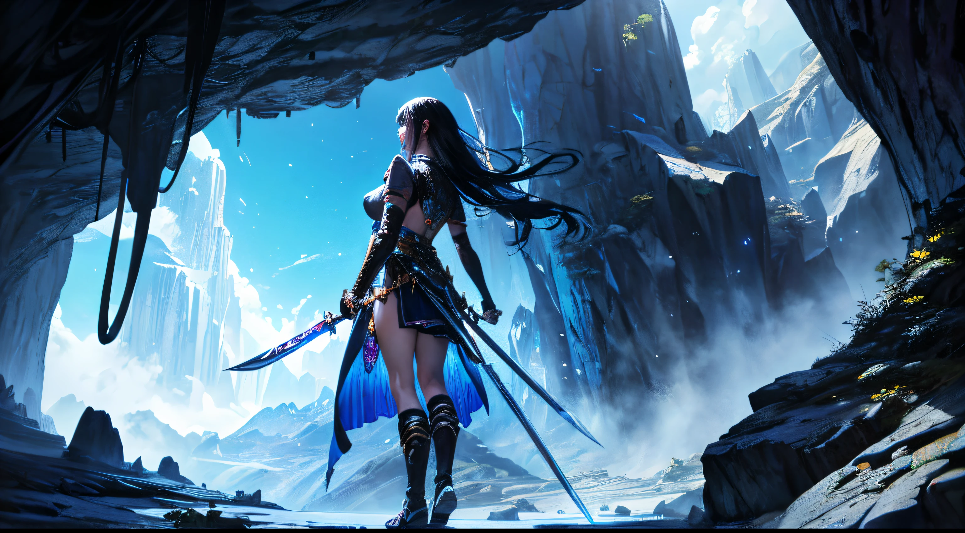 (best quality,4k,highres),full body shot,boy with large sword on back,black hair,girl with two daggers on back,blue hair,overlooking into cave filled with multicolored crystals,illustration,detailed characters,detailed background,adventure theme,vibrant colors,dynamic lighting,sharp focus
