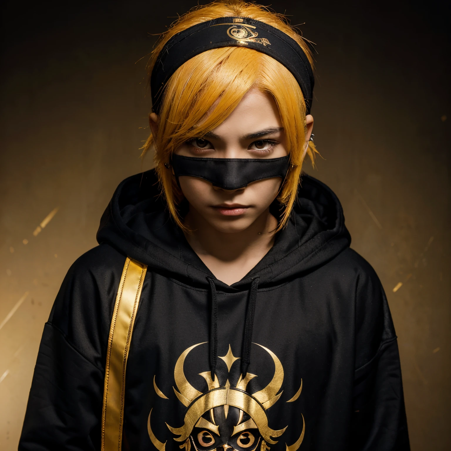 Cool anime card style with a child with GOLD BRIGHT hair headband text pogi wearing a BLACK hoodie with a BRIGHT RED GOLD reads REY BAYNO pattern wearing a BLACK MASK with eyes like a GOLDEN YELLOW EAGLE facing the front and use a HELL background, portrait photography, dark fantasy, anime, 3d renderv0.2