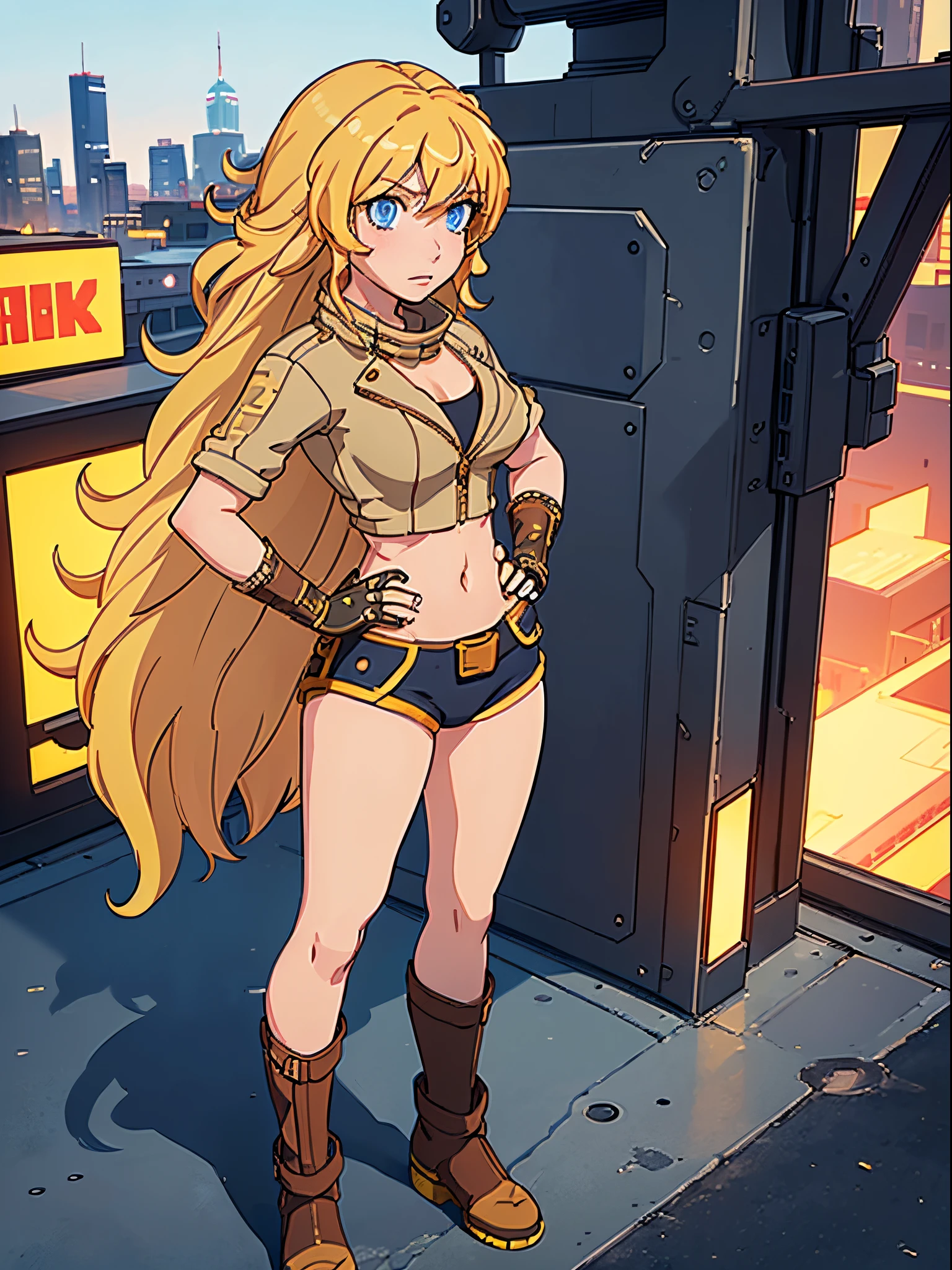 1girl, medium breasts, highleg leotard, bare legs, gloves, boots, superhero, standing, hands on hip, city backdrop, (beautiful detailed eyes:1.6), (perfect hands, perfect anatomy), yang xiao long, serious, medium hair