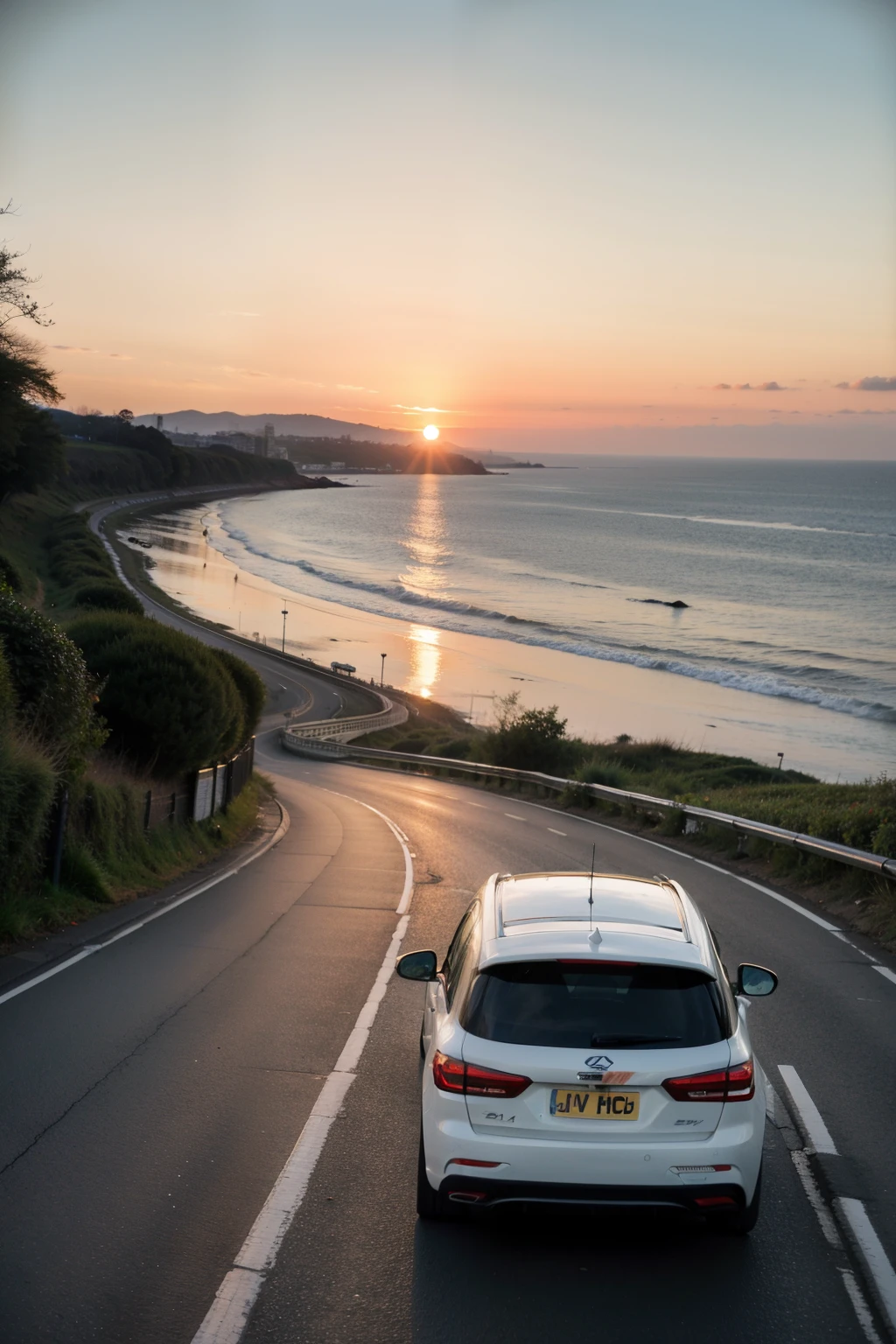 car seaside road high speed sunset mpv