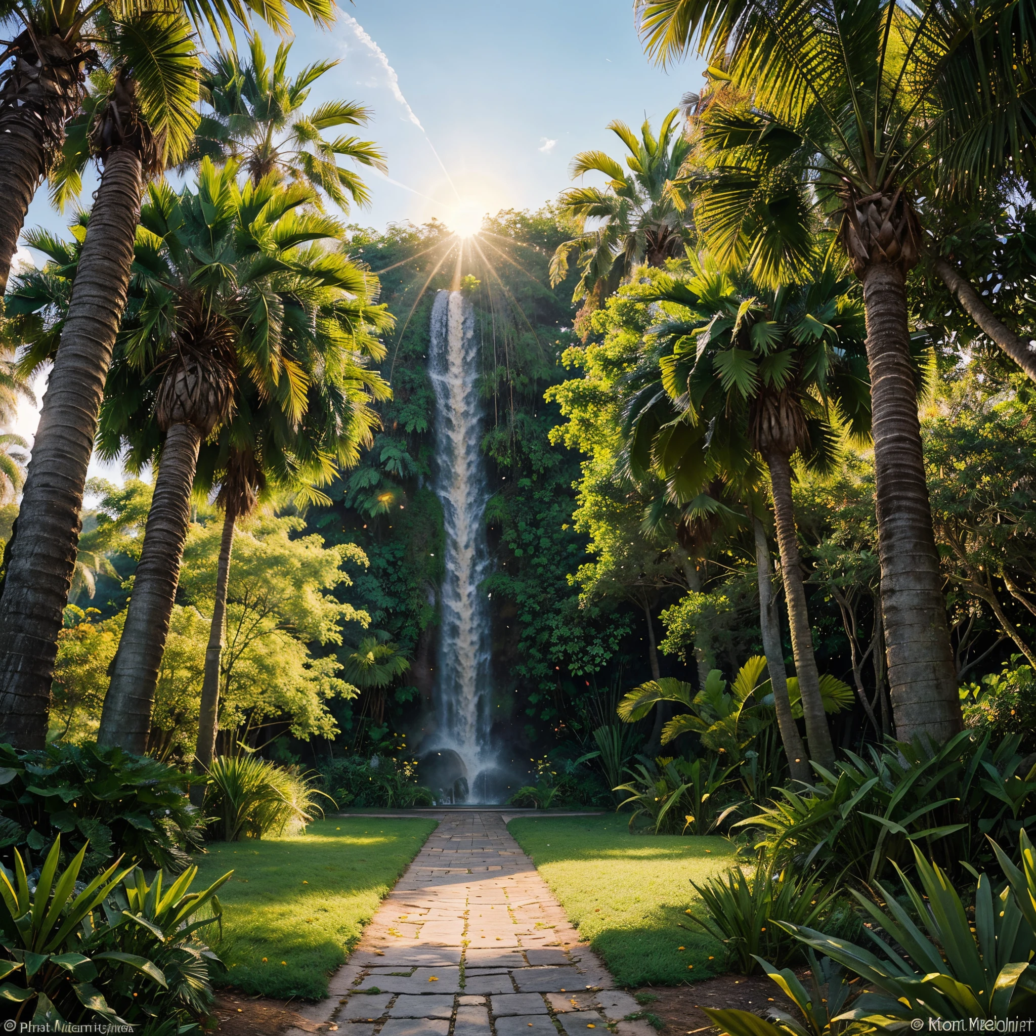 The sun rises over a lush botanical garden, casting a warm and golden glow upon the landscape. Vibrant and delicate flowers bloom in the morning light, their petals unfurling with grace. Towering palm trees sway gently in the breeze, their fronds reaching towards the heavens. This breathtaking scene, captured in a vivid and meticulously detailed painting, transports viewers to a serene oasis of natural beauty. The artist skillfully portrays the brilliance of colors, the intricate textures, and the peaceful ambiance, leaving a lasting impression of tranquil enchantment.