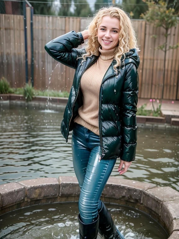woman outside standing in a pond in (puffy winter coat) and tight sweater and navy blue jeans and stiletto heel boots, ((wet hair)), soaking wet, SoakingWetClothes, (((showboots))), inviting smile, ((short curly blonde hair)), green eyes, (puffy winter coat is soaking wet), sweater is soaking wet