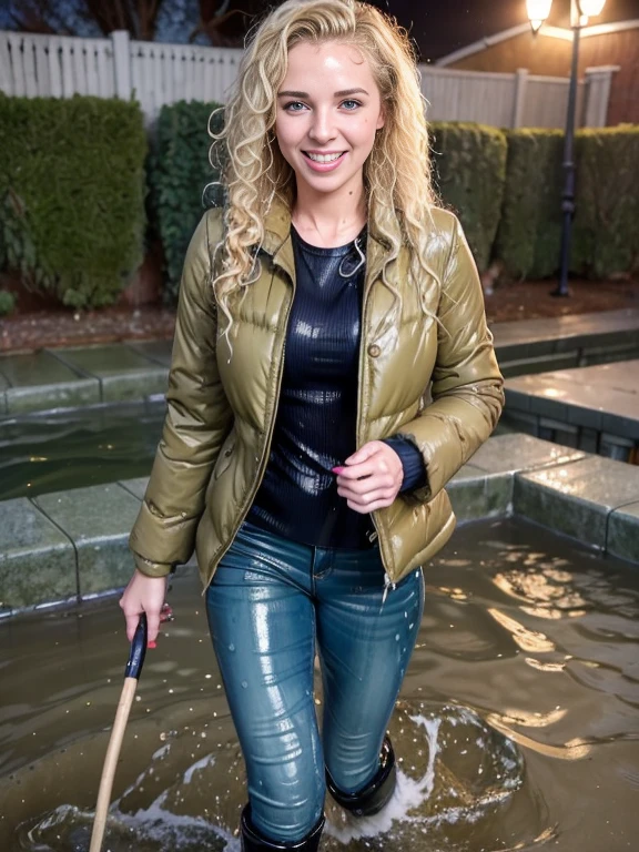 woman outside standing in a pond in (puffy winter coat) and tight sweater and navy blue jeans and stiletto heel boots, ((wet hair)), soaking wet, SoakingWetClothes, (((showboots))), inviting smile,  ((short curly blonde hair)), green eyes, (puffy winter coat is soaking wet), sweater is soaking wet