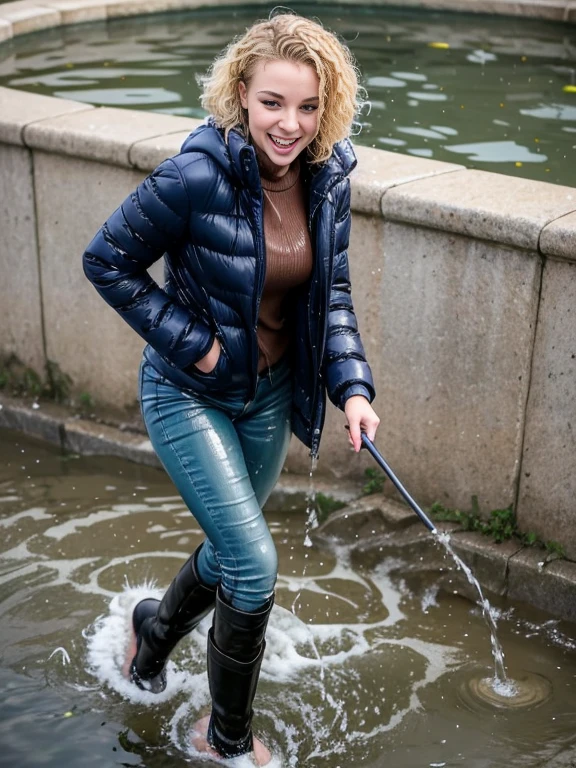 woman outside standing in a pond in (puffy winter coat) and tight sweater and navy blue jeans and stiletto heel boots, ((wet hair)), soaking wet, SoakingWetClothes, (((showboots))), inviting smile, ((short curly blonde hair)), green eyes, (puffy winter coat is soaking wet), sweater is soaking wet