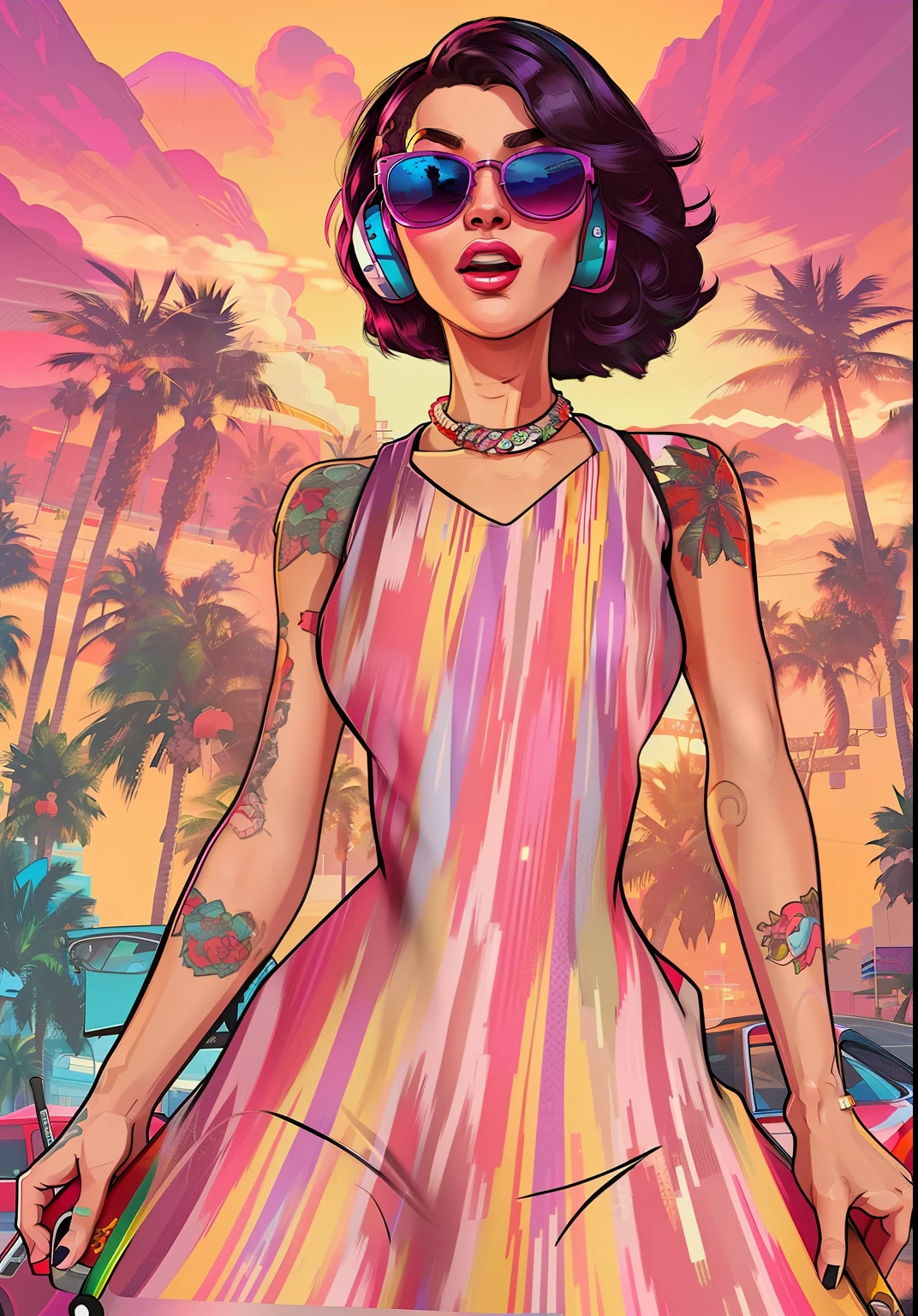 One in a skirt、Wearing sunglasses、Close-up of woman holding skateboard, GTA V Artwork Style, GTA Vice City style art, Digital illustration style, Just a joke, gta art, GTA Vice City art style, GTA 5 art cover, ArtGTA 5 Comics, grand theft auto art, GTA loading screen art, Grand Theft Auto V Artwork