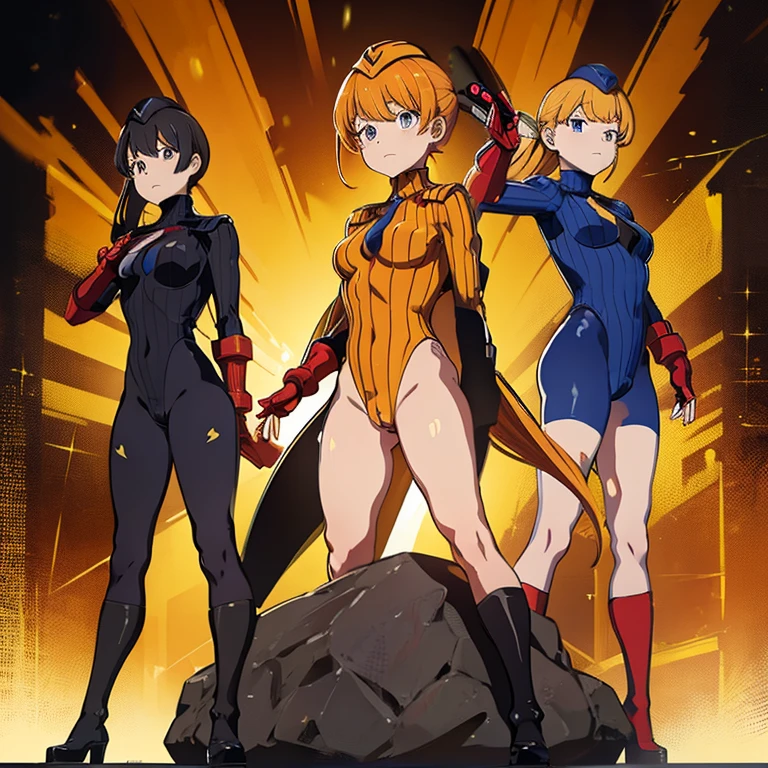 Masterpiece, Best Quality, Highly detailed, illustration, absurdres, street fighter, doll suit, shadaloo doll, nazi saluting, military, military saluting, salute, 3girls, team squad, expressionless, blank eyes, looking at viewer, red gloves, emotionless, black latex, corrution, zofa suit, zofa soldier, mind control, female combatant, full body, hypnotized, standing, standing at attention, unhappy trance, full body suit, leotard, perfect female body, titan, gredient hair, very long hair, twin tail, takt op. Destiny