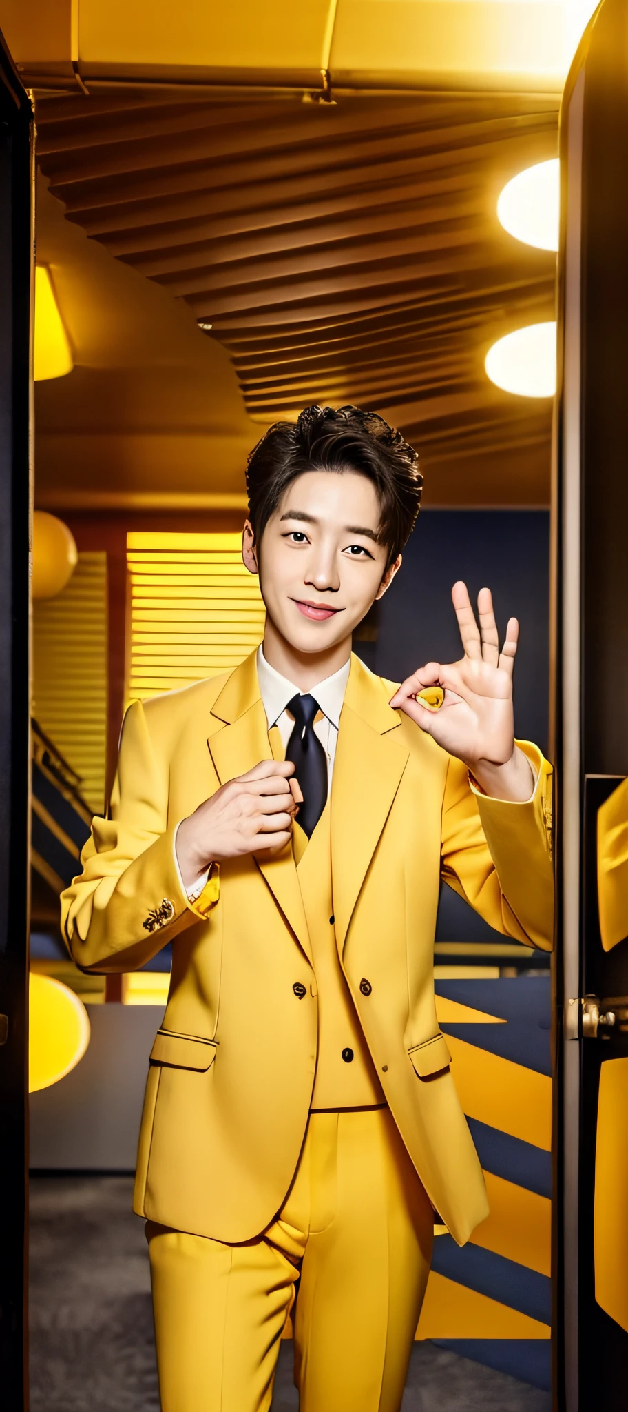 24 aged beautiful soft guys with smile mount, wear yellow office suit, studio picture, happy emotion, , have a OK sign in the left hand