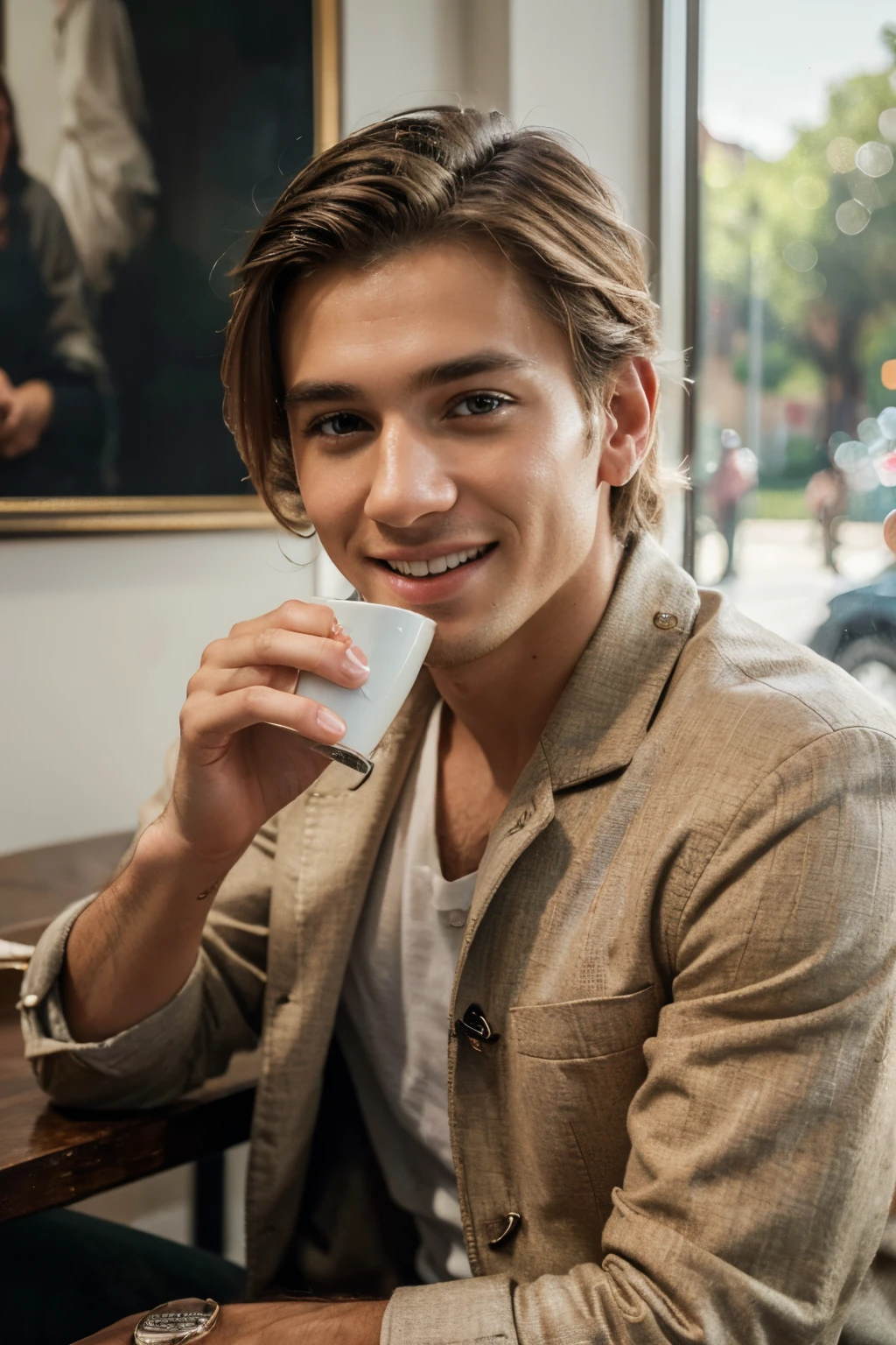 (ultra-detailed),(best quality,4k,8k,highres,masterpiece:1.2),(realistic,photorealistic,photo-realistic:1.37),portrait,painting,cafe scene,young man,blonde hair,athletic build,drinking coffee,Instagram influencer,fashionable outfits,stylish, trendy background,warm lighting,detailed facial features,smiling,energetic pose,pensive expression,well-groomed,modern decor,vibrant colors,artistic composition,bokeh