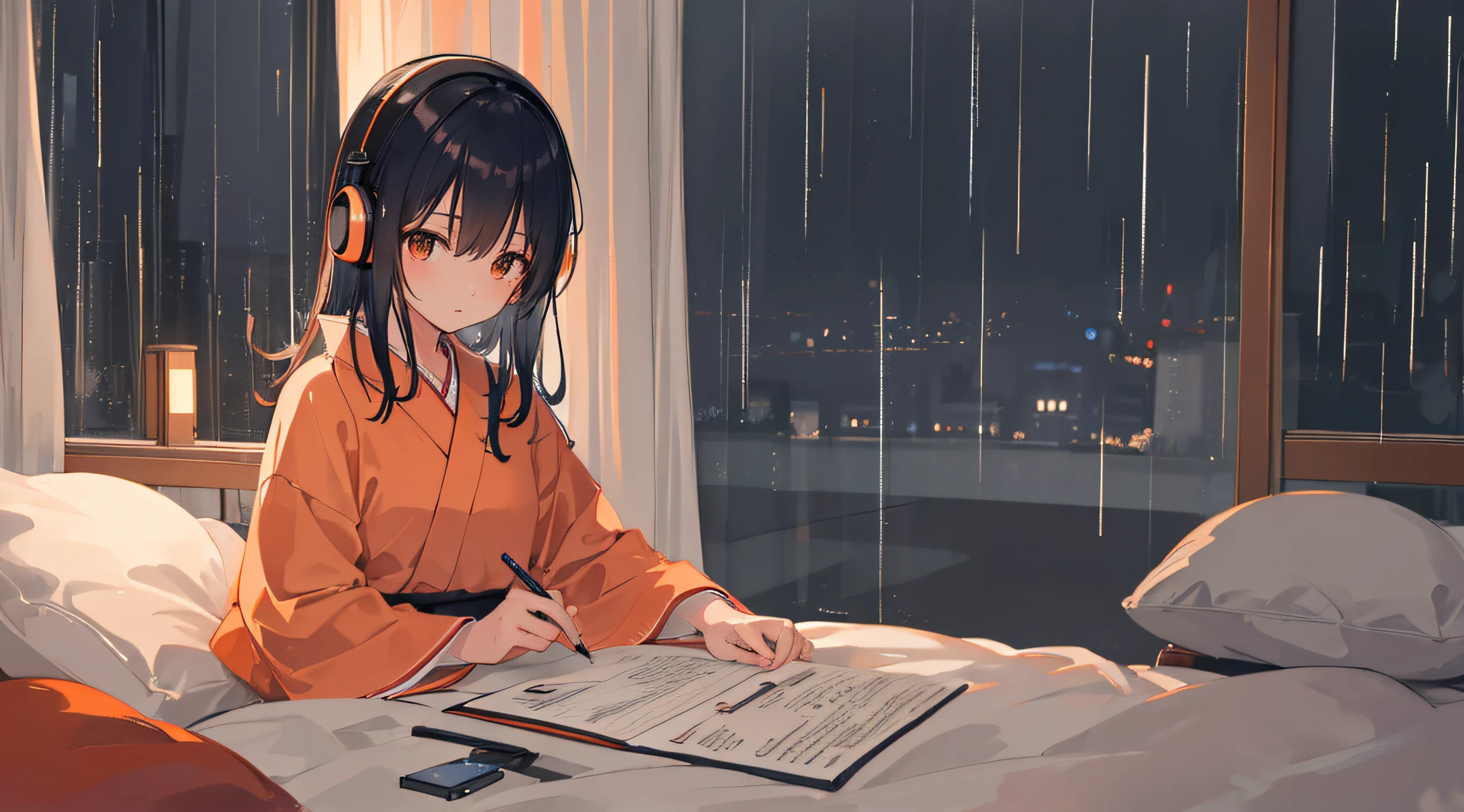 a japanese girl studying at her room with headphones on night rain day, looking at her note, writing, calm, chill, dim light, orange light, rainny day, warm, night, quiet, high res, ultrasharp, 8k, masterpiece