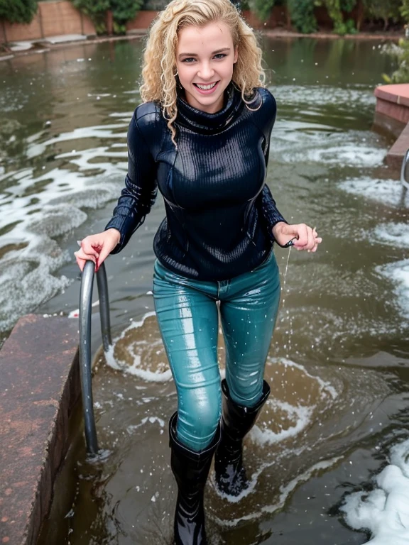 woman outside standing in a pond in (puffy winter coat) and tight sweater and navy blue jeans and stiletto heel boots, ((wet hair)), soaking wet, SoakingWetClothes, (((show boots))), inviting smile, ((short curly blonde hair)), green eyes, (puffy winter coat soaking wet), sweater soaking wet, hair is wet