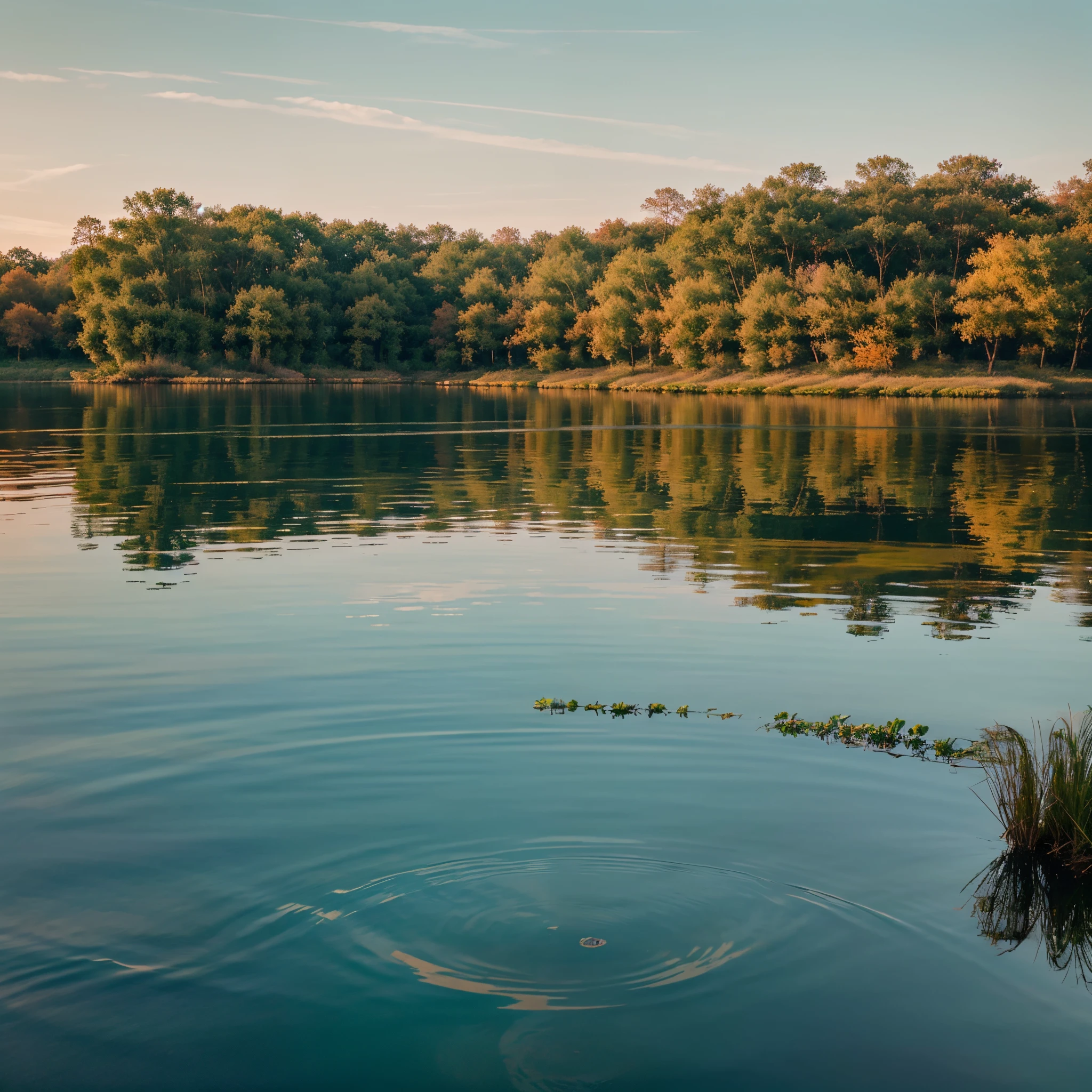 A beautifully serene lakeshore scene at sunrise, captured in a breathtaking photograph. The stillness of the water perfectly mirrors the vibrant hues of the sky, painted with warm shades of pink and orange that gently blend into the calm blues of the lake. The image showcases the reflection of towering trees on the opposite shore, their vibrant green leaves perfectly mirrored below. The photographer skillfully captures the tranquil ambiance, evoking a sense of peace and wonder in the viewers.