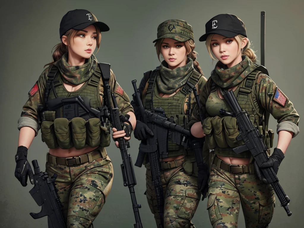 sexy, lustfull, millitary, us soldier, plate carrier, gun, M4A1 rifle, baseball hat,  camo uniform, lots of pockets, long hair sticking out the back of baseball hat,  stronge arms, in combat,, tinted combat sunglasses, bandana, combat gloves, ponytail, two girls, jungle backround, high def, 8k, night time, holosight scope, looking through scope,combat boots, having good time, gun on sling, gun on chest, natural boobs, having good time, pistol on leg, black rifle, m4a1 hanging, scarf, laughing, black gloves, black scarf, large scarf, orange tinted combat glasses, large tittys, big legs, chest plate with m4 magazines, serious, m4 style gun, messy bun, walking with m4, large chest, camo baseball hat, longe tight pants, camo pants,