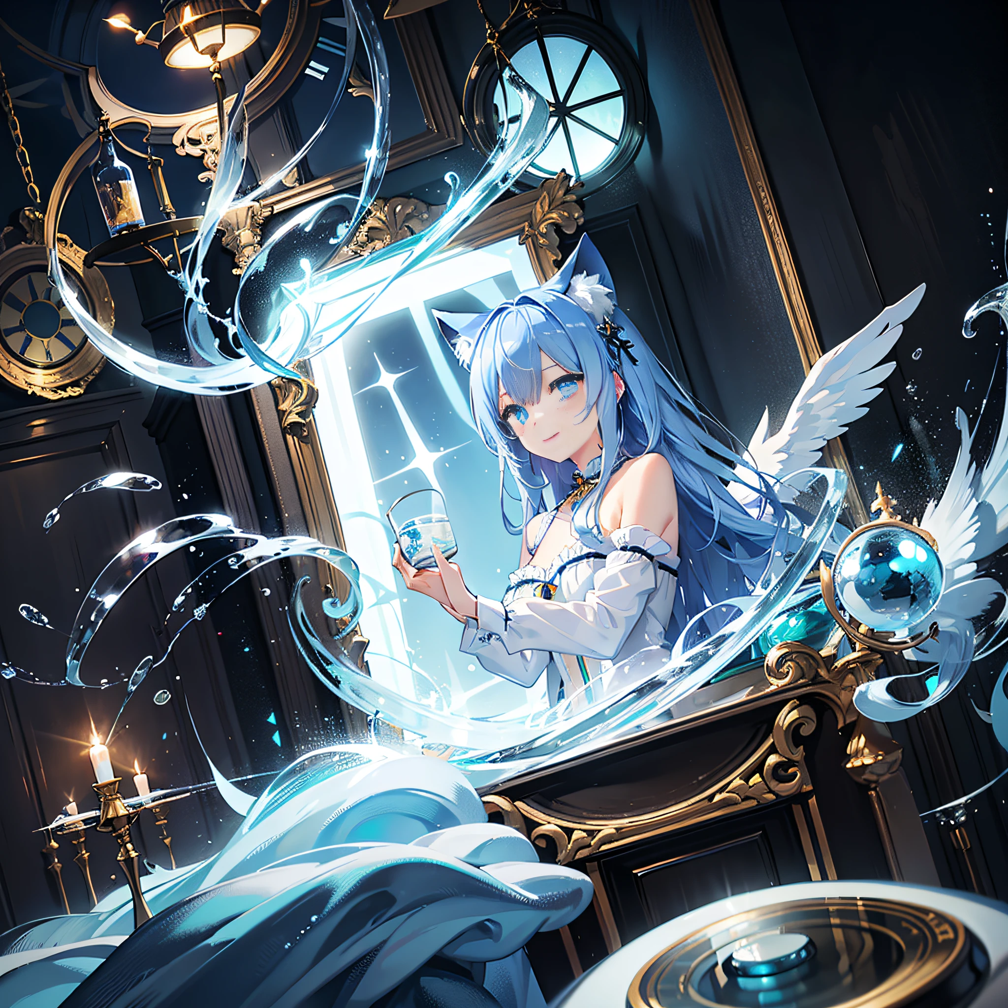 (High quality) (4K) Blue cat ears, Yellow hair, blue eyed maiden, i am an angel, has white wings, A Cup, Temptation, next to the broken mirror, Center of the world, Heaven, Light transmission, both day and night, crosses、Nice smile