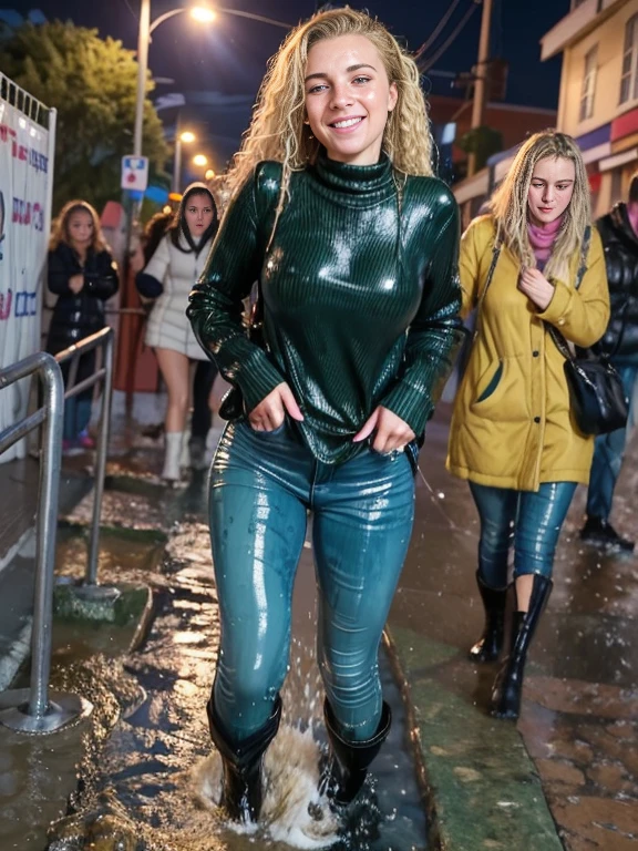 woman ((outside on the street at night)) in the pouring rain in a (puffy winter coat) and tight sweater and navy blue jeans and stiletto heel boots, ((wet hair)), soaking wet, SoakingWetClothes, (((showboots))), inviting smile, ((short curly blonde hair)), green eyes, (puffy winter coat soaking wet), sweater soaking wet