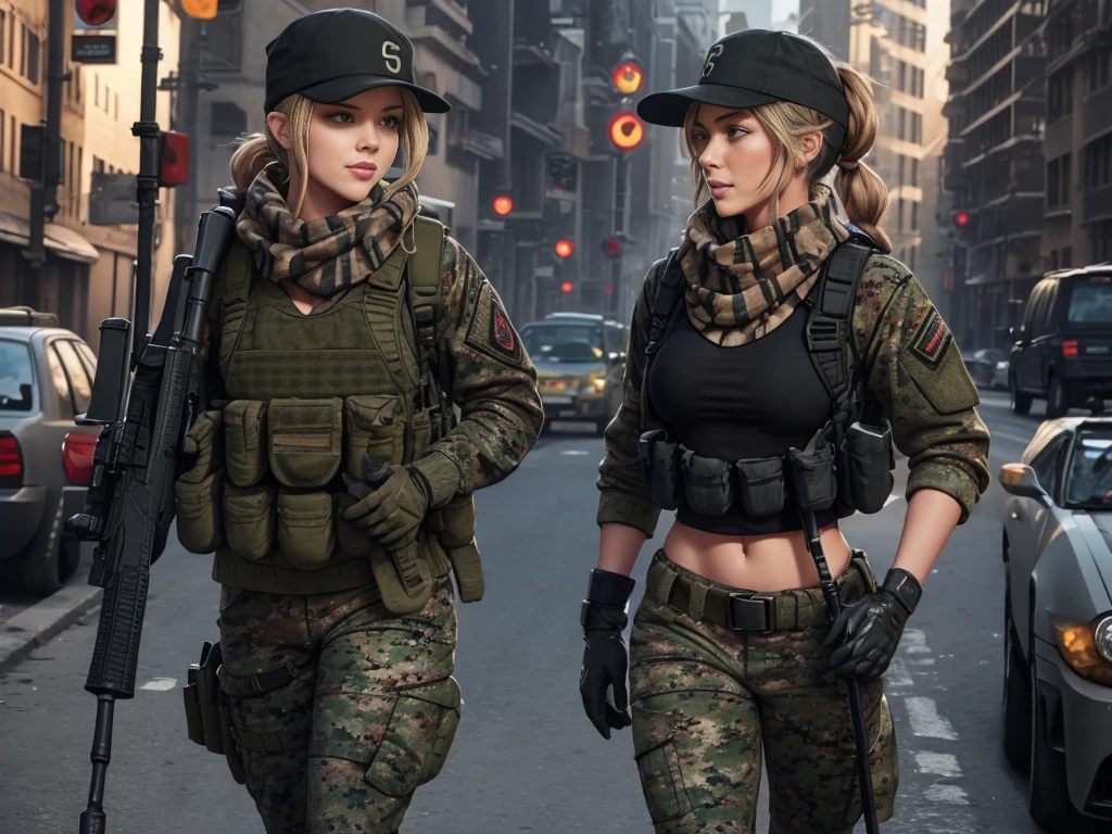 sexy, lustfull, millitary, us soldier, plate carrier, gun, M4A1 rifle, baseball hat, camo uniform, lots of pockets, long hair sticking out the back of baseball hat, stronge arms, in combat,, tinted combat sunglasses, bandana, combat gloves, ponytail, two girls, jungle backround, high def, 8k, night time, holosight scope, looking through scope,combat boots, having good time, gun on sling, gun on chest, natural boobs, having good time, pistol on leg, black rifle, m4a1 hanging, scarf, laughing, black gloves, black scarf, large scarf, orange tinted combat glasses, large tittys, big legs, chest plate with m4 magazines, serious, m4 style gun, messy bun, walking with m4, large chest, camo baseball hat, longe tight pants, camo pants, longe sleeve combat jacket, camo jacket, lots of pockets on jacket and pants, big ass