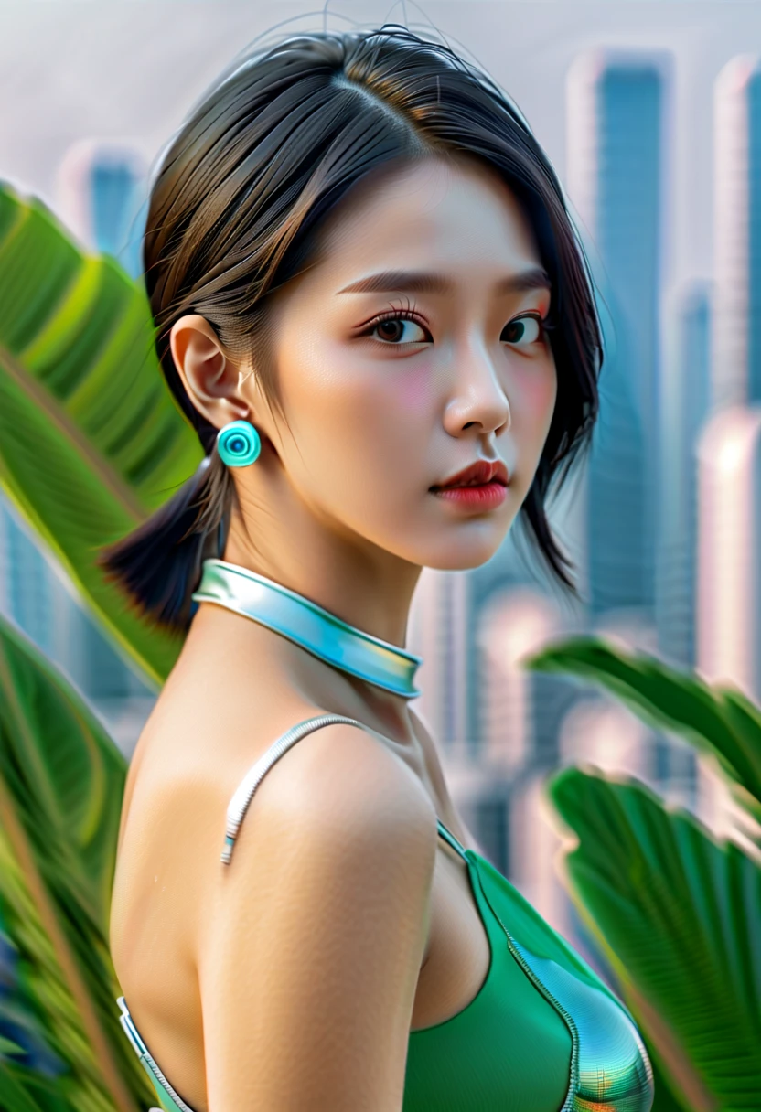 (aesthetic)Cyberpunk rooftop penthouse, (best quality,4k,8k,highres,masterpiece:1.2), ultra-detailed, (realistic,photorealistic,photo-realistic:1.37)
Asian cyberpunk girleautiful detailed eyes,beautiful detailed lips,extremely detailed eyes and face,long eyelashes), (2girls, passionate expressions, dynamic poses, intricate tattoos)
Lush green plants, (tropical plants, exotic flora), (hanging plants:1.1), (vibrant green leaves, intricate details), (plants crawling on walls:1.1)
Stylish railinetallic railing, futuristic design), (glowing edges:1.1), (laser-cut patterns), (reflections on railing)
Spectacular cityscape, (neon lights, futuristic buildings), (high-tech skyline), (holographic advertisementlying vehicles:1.1)
Nighttime ambiance, (dramatic lighting, vibrant colors), (glowing city lights:1.1), (reflections on surfaces), (rainy atmosphere:1.1)
Sci-fi elementloating holographic screens), (cybernetic implants), (advanced gadgets), (high-tech fashion), (virtual reality headsets)
 atmosphere, (intimate setting, passionate energy), (romantic lighting:1.1), (subtle smoke effects), (soft and warm color toneuturistic technology, (advanced AI assistants), (holographic projections), (augmented reality interactions), (levitating objects)
Elevated viewpoint, (overlooking the cityscape), (bird's-eye perspective:1.1), (dynamic angles), (sense of depth), (vantage point)