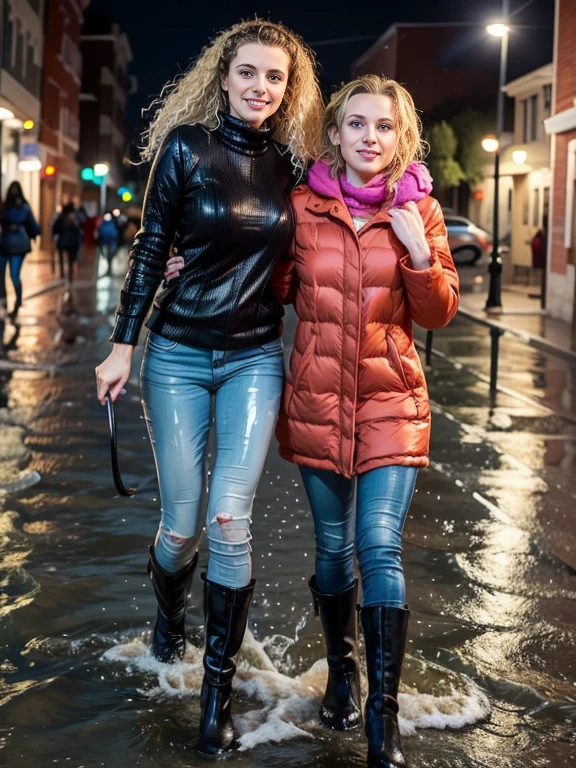 two women ((outside on the street at night)) in the pouring rain in a (puffy winter coat) and tight sweater and navy blue jeans and stiletto heel boots, ((wet hair)), soaking wet, SoakingWetClothes, (((showboots))), inviting smile, ((short curly blonde hair)), green eyes, (puffy winter coat soaking wet), sweater soaking wet