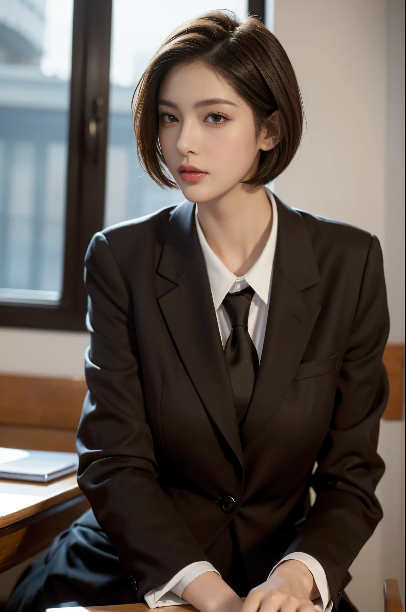 (Best quality, High resolution, Masterpiece :1.3), A tall and pretty woman with slender figure, (Dark brown short hair), Wearing school uniform, In classroom, Details exquisitely rendered in the face and skin texture, Detailed eyes, Double eyelid