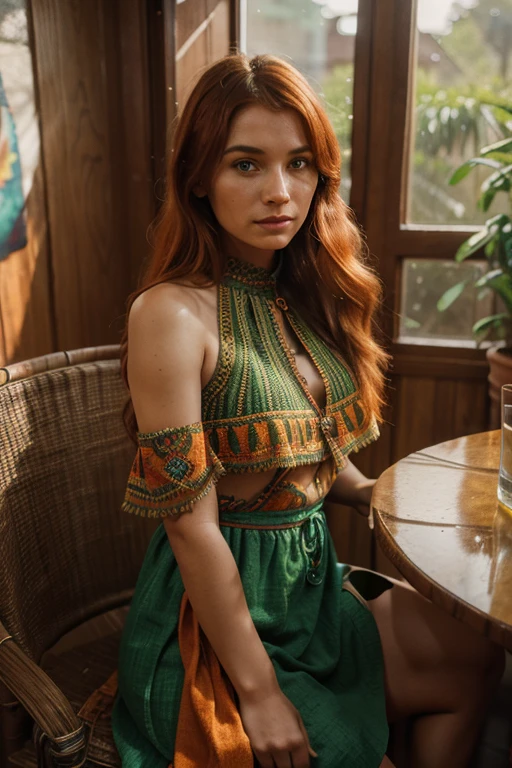 An environment with parametric interior decoration and works of art, vernissage atmosphere, stunning intricate full color portrait of a Tribal woman, wearing a green dress, orange hair, happy, epic character composition, by ilya kuvshinov, alessio albi, nina masic, sharp focus, natural lighting, subsurface scattering, f2, 35mm, film grain, portait, closeup, very detailed skin texture