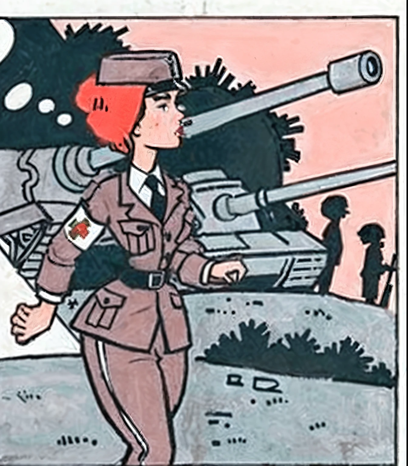 a woman in uniform with a tank behind her, obra maestra, sthe highest qualit, (cara perfecta: 1.1) , (alto detalle: 1.1), mechanized soldier girl, Infantry girl, Era WW2, Infantry girls, Chica soldado dieselpunk, soldier girl