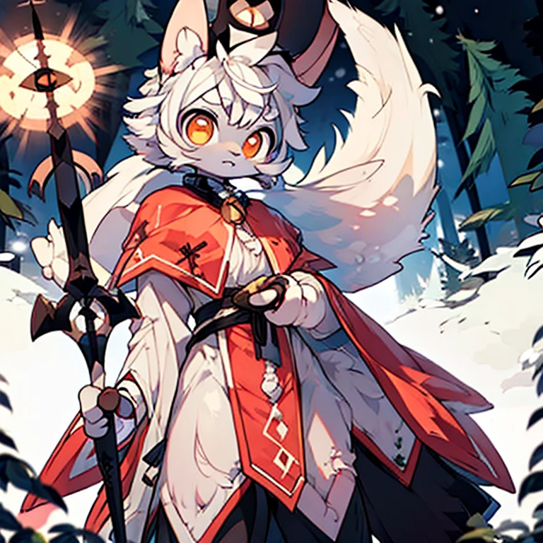 ( female white bunny)  ( white cloak with golden on it that covered in blood ) ( stars symbol on her chest) ( fairytale forest cover in snow )  ( holding a staff  ) ( death glare) ( face cover in blood)