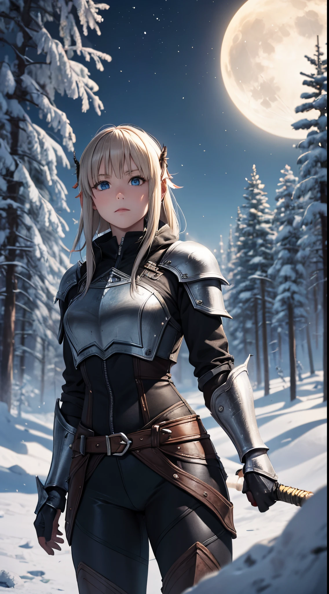 Nino Nakano,armadura de skyrim,bosque noche nevado luz de luna