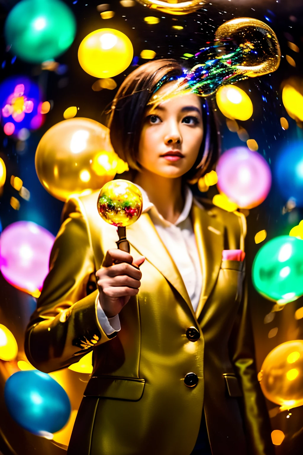 (hd masterpiece:1.2),one standing woman space cadet looking at camera, detailed face, mid shot, golden suit, colorful clouds and ((neon soap bubbles)), jungles background, vivid colors, sharp focus, lighting effects