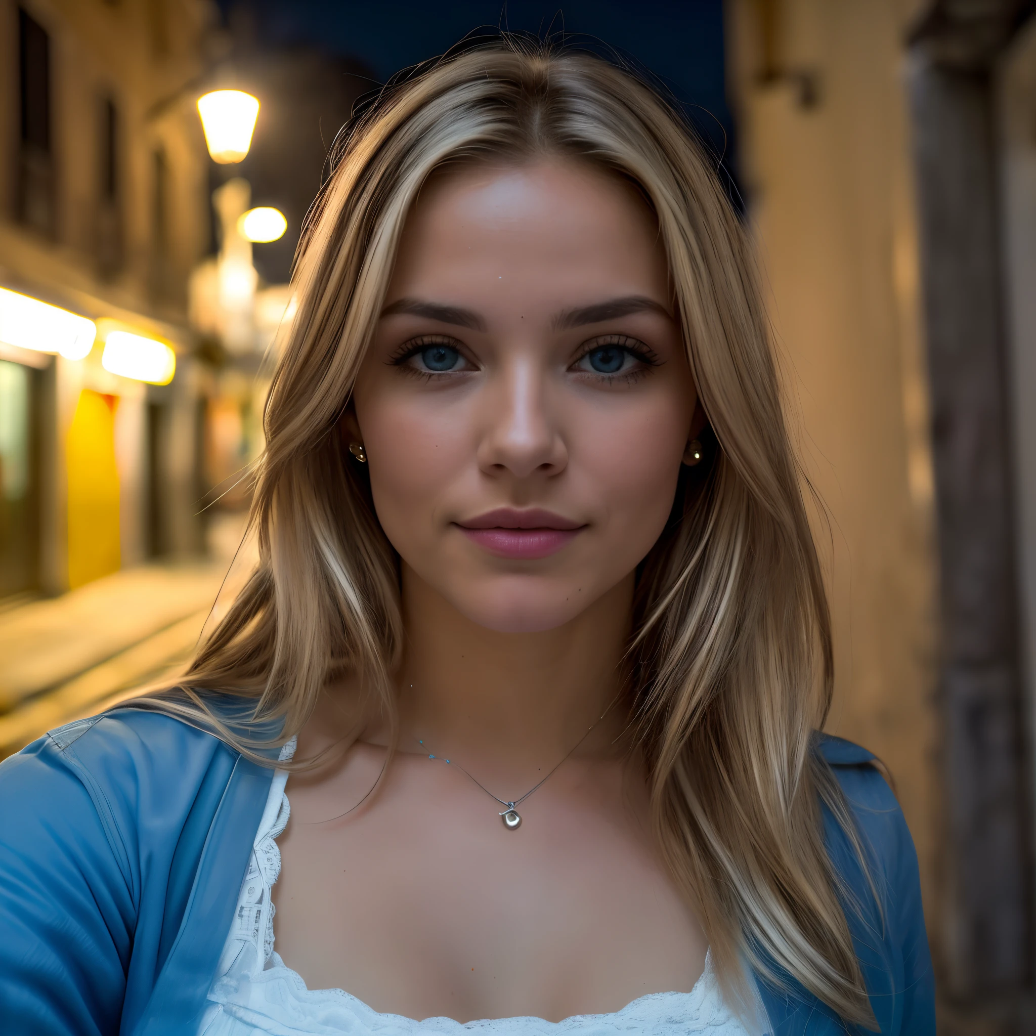 (Selfie, Vista superior: 1.4), (mitad recta del cuerpo: 1.4), RAW uhd portrait photo of a 24 year old blonde (Mujer de ojos azules) walking down a dark alleyway, tetas grandes,, Ciudad de noche, ( falda), (detalle), Detalles (tejido! , cabello! , brillar, Color!! , Desventajas: 1.1), Ojos brillantes con alto nivel de detalle (staring at the camera), SLR lighting, SLR camera, Calidad Ultra, agudeza , Profundidad de campo, Film grain (centro), Fujifilm XT3, Cristalina, Centro del marco, Cara hermosa, foco nítido, street light, fluorescent lighting, Bokeh (Poca luz), Noche, (cielo nocturno), poros detallados de la piel, piel grasa, quemadura, Detalle ocular complejo, cuerpo entero, tetas grandes,