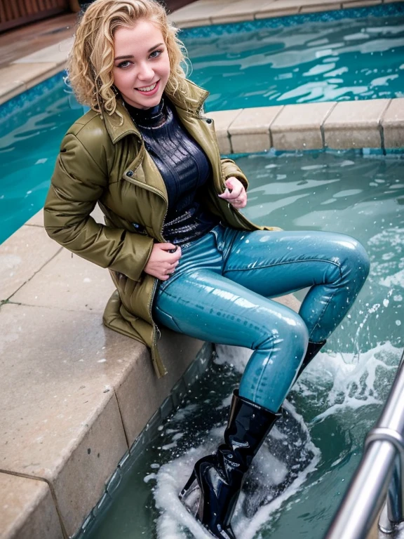 woman swimming in a pool in (puffy winter coat) and tight sweater and navy blue jeans and stiletto heel boots, ((wet hair)), soaking wet, SoakingWetClothes, (((showboots))), inviting smile, ((short curly blonde hair)), green eyes, (puffy winter coat soaking wet), sweater soaking wet