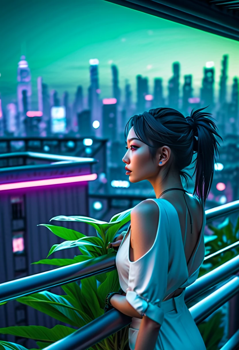 (aesthetic)Cyberpunk rooftop penthouse, (best quality,4k,8k,highres,masterpiece:1.2), ultra-detailed, (realistic,photorealistic,photo-realistic:1.37)
Asian cyberpunk girleautiful detailed eyes,beautiful detailed lips,extremely detailed eyes and face,long eyelashes), (2girls, passionate expressions, dynamic poses, intricate tattoos)
Lush green plants, (tropical plants, exotic flora), (hanging plants:1.1), (vibrant green leaves, intricate details), (plants crawling on walls:1.1)
Stylish railinetallic railing, futuristic design), (glowing edges:1.1), (laser-cut patterns), (reflections on railing)
Spectacular cityscape, (neon lights, futuristic buildings), (high-tech skyline), (holographic advertisementlying vehicles:1.1)
Nighttime ambiance, (dramatic lighting, vibrant colors), (glowing city lights:1.1), (reflections on surfaces), (rainy atmosphere:1.1)
Sci-fi elementloating holographic screens), (cybernetic implants), (advanced gadgets), (high-tech fashion), (virtual reality headsets)
atmosphere, (intimate setting, passionate energy), (romantic lighting:1.1), (subtle smoke effects), (soft and warm color toneuturistic technology, (advanced AI assistants), (holographic projections), (augmented reality interactions), (levitating objects)
Elevated viewpoint, (overlooking the cityscape), (bird's-eye perspective:1.1), (dynamic angles), (sense of depth), (vantage point)