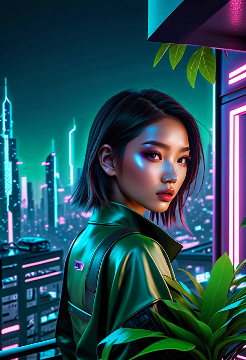 (aesthetic)Cyberpunk rooftop penthouse, (best quality,4k,8k,highres,masterpiece:1.2), ultra-detailed, (realistic,photorealistic,photo-realistic:1.37)
Asian cyberpunk girleautiful detailed eyes,beautiful detailed lips,extremely detailed eyes and face,long eyelashes), (2girls, passionate expressions, dynamic poses, intricate tattoos)
Lush green plants, (tropical plants, exotic flora), (hanging plants:1.1), (vibrant green leaves, intricate details), (plants crawling on walls:1.1)
Stylish railinetallic railing, futuristic design), (glowing edges:1.1), (laser-cut patterns), (reflections on railing)
Spectacular cityscape, (neon lights, futuristic buildings), (high-tech skyline), (holographic advertisementlying vehicles:1.1)
Nighttime ambiance, (dramatic lighting, vibrant colors), (glowing city lights:1.1), (reflections on surfaces), (rainy atmosphere:1.1)
Sci-fi elementloating holographic screens), (cybernetic implants), (advanced gadgets), (high-tech fashion), (virtual reality headsets)
 atmosphere, (intimate setting, passionate energy), (romantic lighting:1.1), (subtle smoke effects), (soft and warm color toneuturistic technology, (advanced AI assistants), (holographic projections), (augmented reality interactions), (levitating objects)
Elevated viewpoint, (overlooking the cityscape), (bird's-eye perspective:1.1), (dynamic angles), (sense of depth), (vantage point)