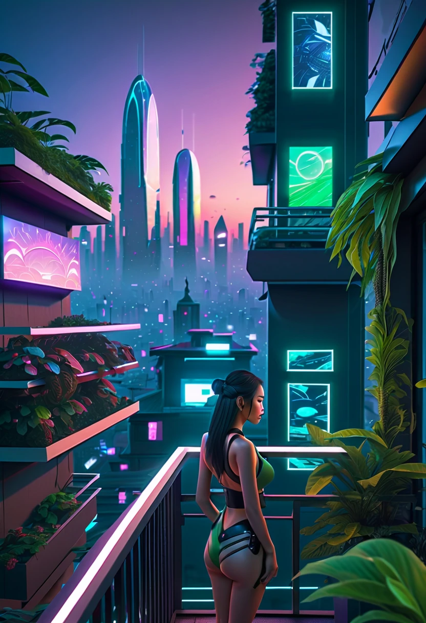 (aesthetic)Cyberpunk rooftop penthouse, (best quality,4k,8k,highres,masterpiece:1.2), ultra-detailed, (realistic,photorealistic,photo-realistic:1.37)
Asian cyberpunk girleautiful detailed eyes,beautiful detailed lips,extremely detailed eyes and face,long eyelashes), (2girls, passionate expressions, dynamic poses, intricate tattoos)
Lush green plants, (tropical plants, exotic flora), (hanging plants:1.1), (vibrant green leaves, intricate details), (plants crawling on walls:1.1)
Stylish railinetallic railing, futuristic design), (glowing edges:1.1), (laser-cut patterns), (reflections on railing)
Spectacular cityscape, (neon lights, futuristic buildings), (high-tech skyline), (holographic advertisementlying vehicles:1.1)
Nighttime ambiance, (dramatic lighting, vibrant colors), (glowing city lights:1.1), (reflections on surfaces), (rainy atmosphere:1.1)
Sci-fi elementloating holographic screens), (cybernetic implants), (advanced gadgets), (high-tech fashion), (virtual reality headsets)
atmosphere, (intimate setting, passionate energy), (romantic lighting:1.1), (subtle smoke effects), (soft and warm color toneuturistic technology, (advanced AI assistants), (holographic projections), (augmented reality interactions), (levitating objects)
Elevated viewpoint, (overlooking the cityscape), (bird's-eye perspective:1.1), (dynamic angles), (sense of depth), (vantage point)