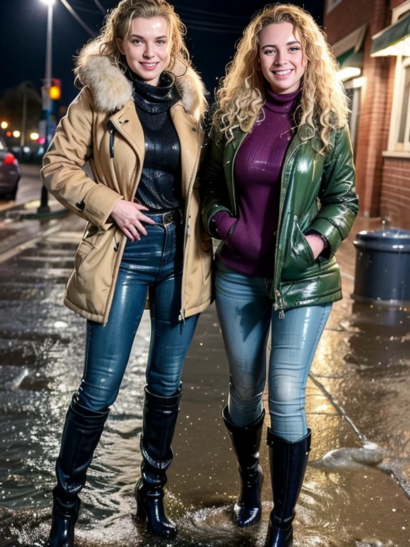 two women ((outside on the street at night)) in the pouring rain in a (puffy winter coat) and tight sweater and navy blue jeans and stiletto heel boots, ((wet hair)), soaking wet, SoakingWetClothes, (((showboots))), inviting smile, ((short curly blonde hair)), green eyes, (puffy winter coat soaking wet), sweater soaking wet