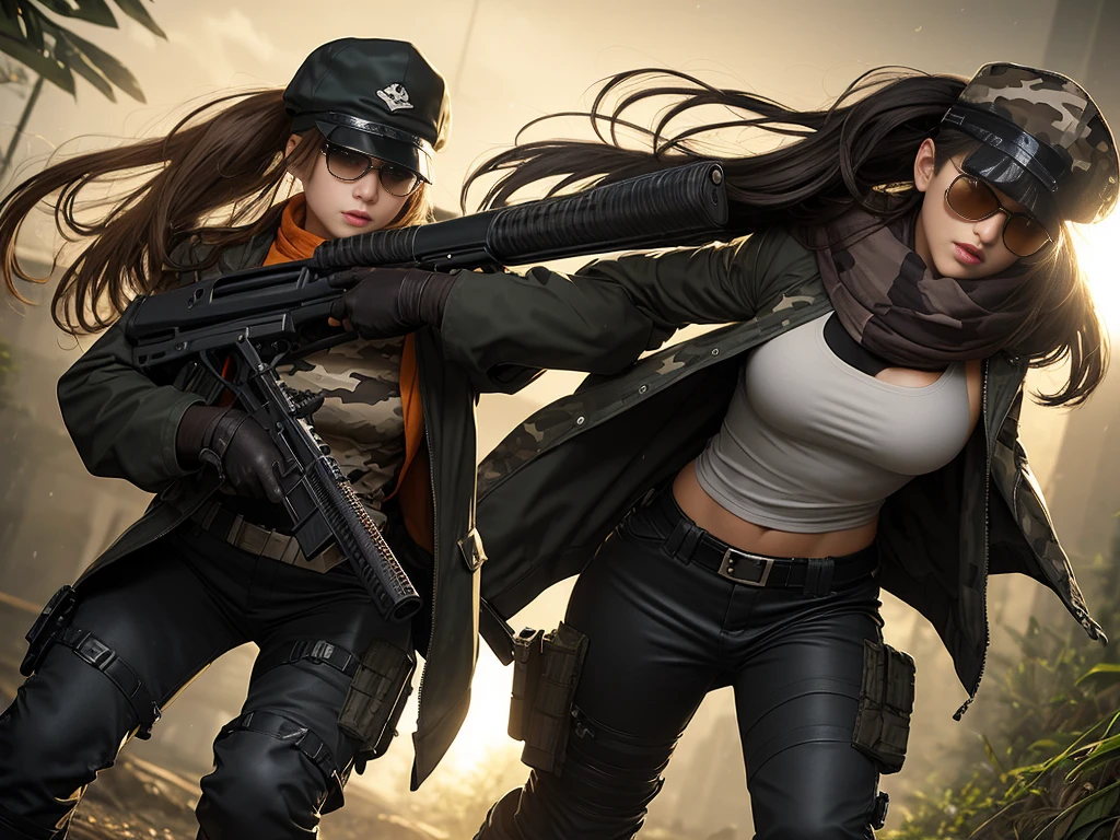 sexy, lustfull, millitary, us soldier, plate carrier, gun, M4A1 rifle, baseball hat,  camo uniform, lots of pockets, long hair sticking out the back of baseball hat,  stronge arms, in combat,, tinted combat sunglasses, bandana, combat gloves, ponytail, two girls, jungle backround, high def, 8k, night time, holosight scope, looking through scope,combat boots, having good time, gun on sling, gun on chest, natural boobs, having good time, pistol on leg, black rifle, m4a1 hanging, scarf, laughing, black gloves, black scarf, large scarf, orange tinted combat glasses, large tittys, big legs, chest plate with m4 magazines, serious, m4 style gun, messy bun, walking with m4, large chest, camo baseball hat, longe tight pants, camo pants, longe sleeve combat jacket, camo jacket, lots of pockets on jacket and pants, big ass