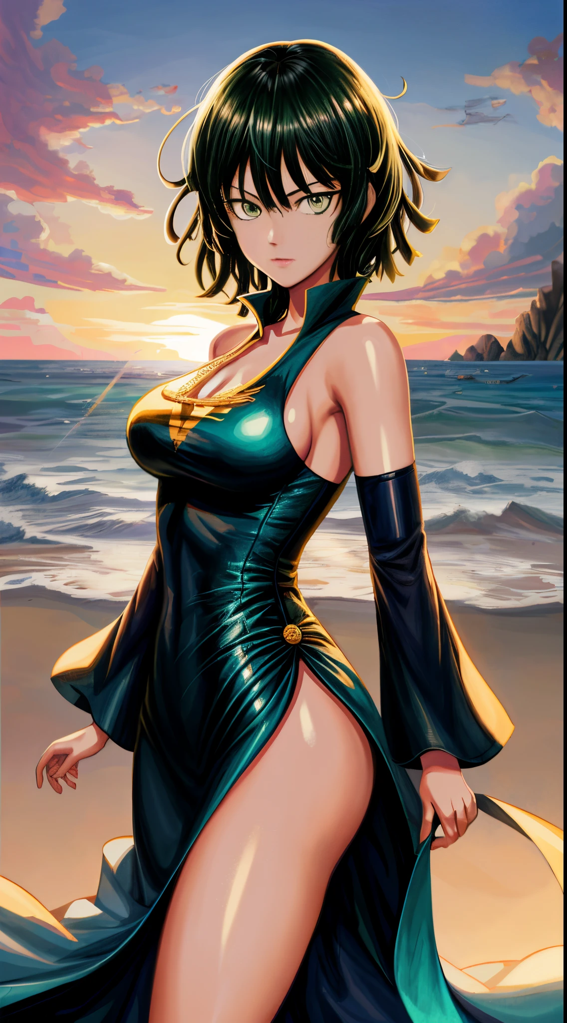 Chica de anime acostada en una cama con una botella de cerveza, Fubuki de One Punch Man, Fubuki, Fubuki con cabello verde rizado, en una playa, Fanart de alta calidad, en la playa, Tendencias en ArtStation Pixiv, Guweiz en Pixiv Artstation, Fanart exquisito altamente detallado, Artgerm extremadamente detallado, Arte Zerochan