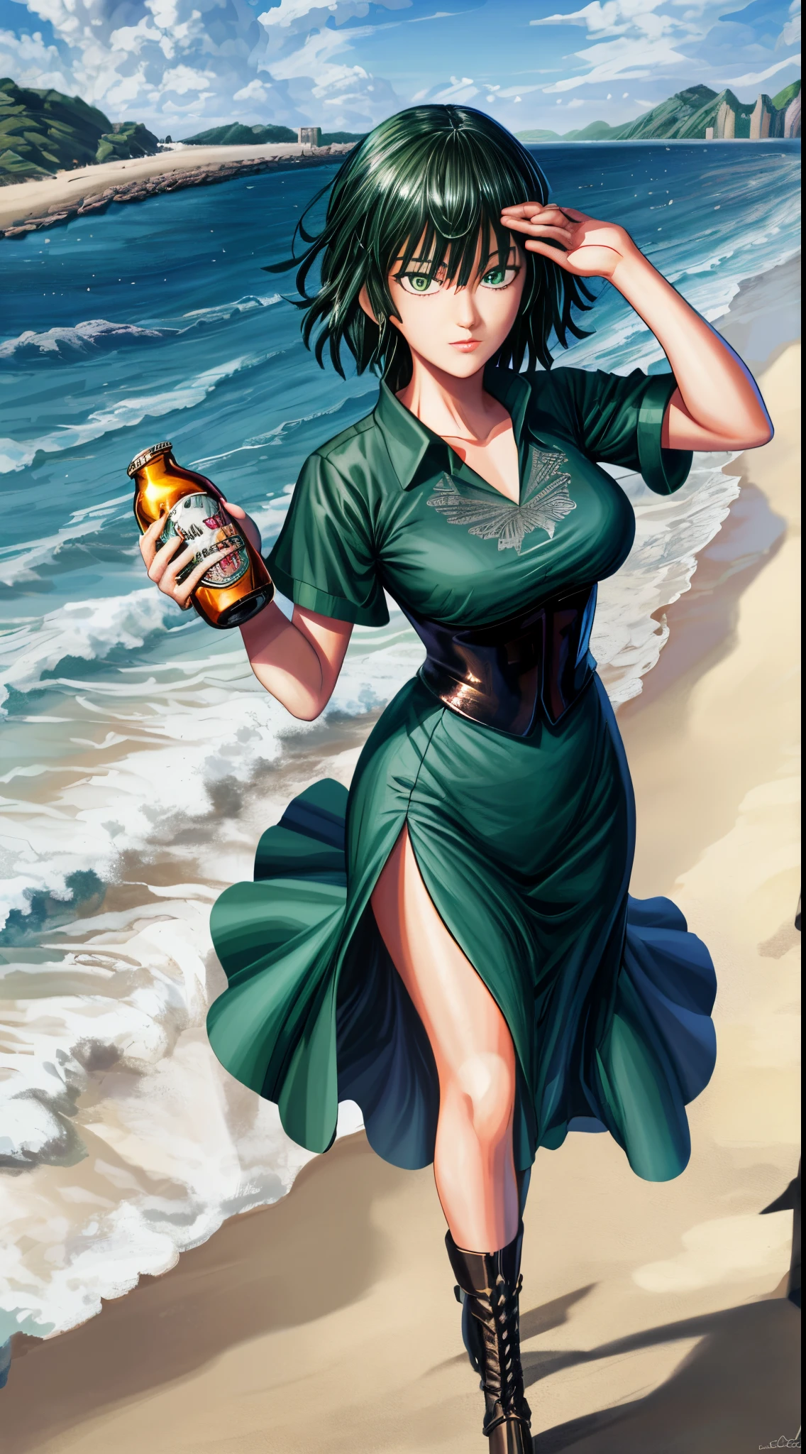 Chica de anime acostada en una cama con una botella de cerveza, Tatsumaki de One Punch Man, Tatsumaki, Tatsumaki con cabello verde rizado, en una playa, Fanart de alta calidad, en la playa, Tendencias en ArtStation Pixiv, Guweiz en Pixiv Artstation, Fanart exquisito altamente detallado, Artgerm extremadamente detallado, Arte Zerochan,bikini ajustado,sentado,piernas cruzadas.